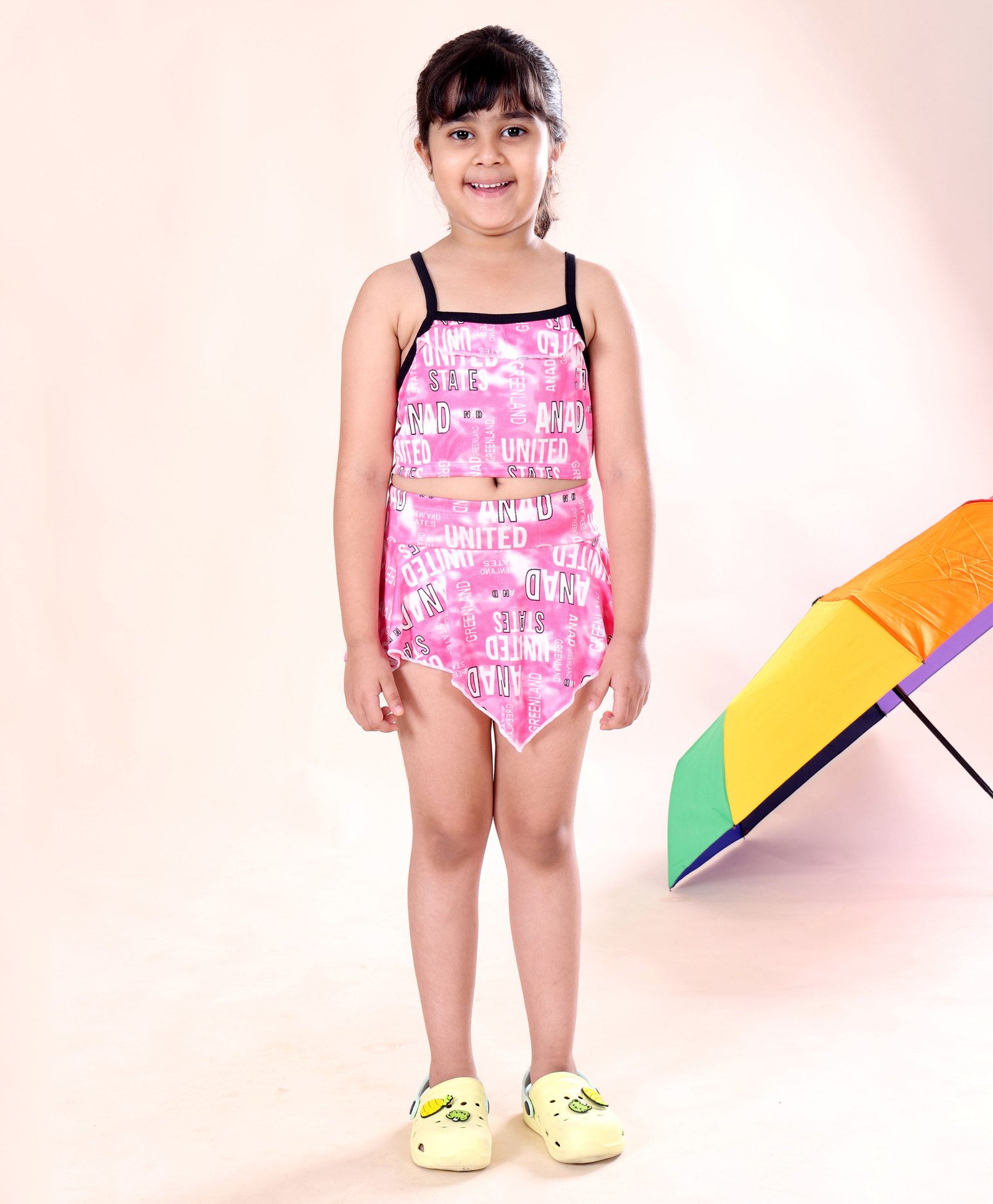 Kiddopanti Sleeveless United Text Printed Coordinating Top & Asymmetrical Skirt Set - Neon Pink-picture-26