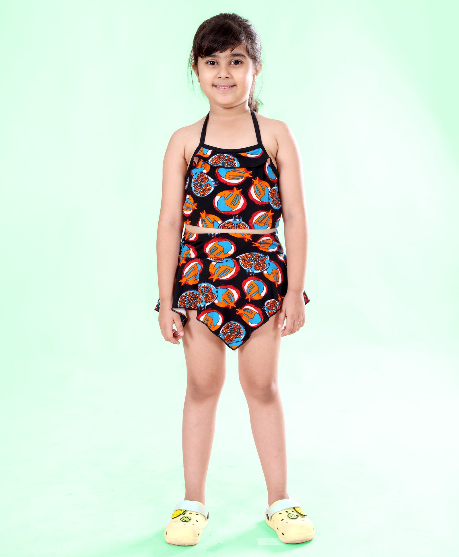 Kiddopanti Sleeveless Pomegranate Printed Coordinating Top & Asymmetrical Skirt Set - Black & Red-picture-16