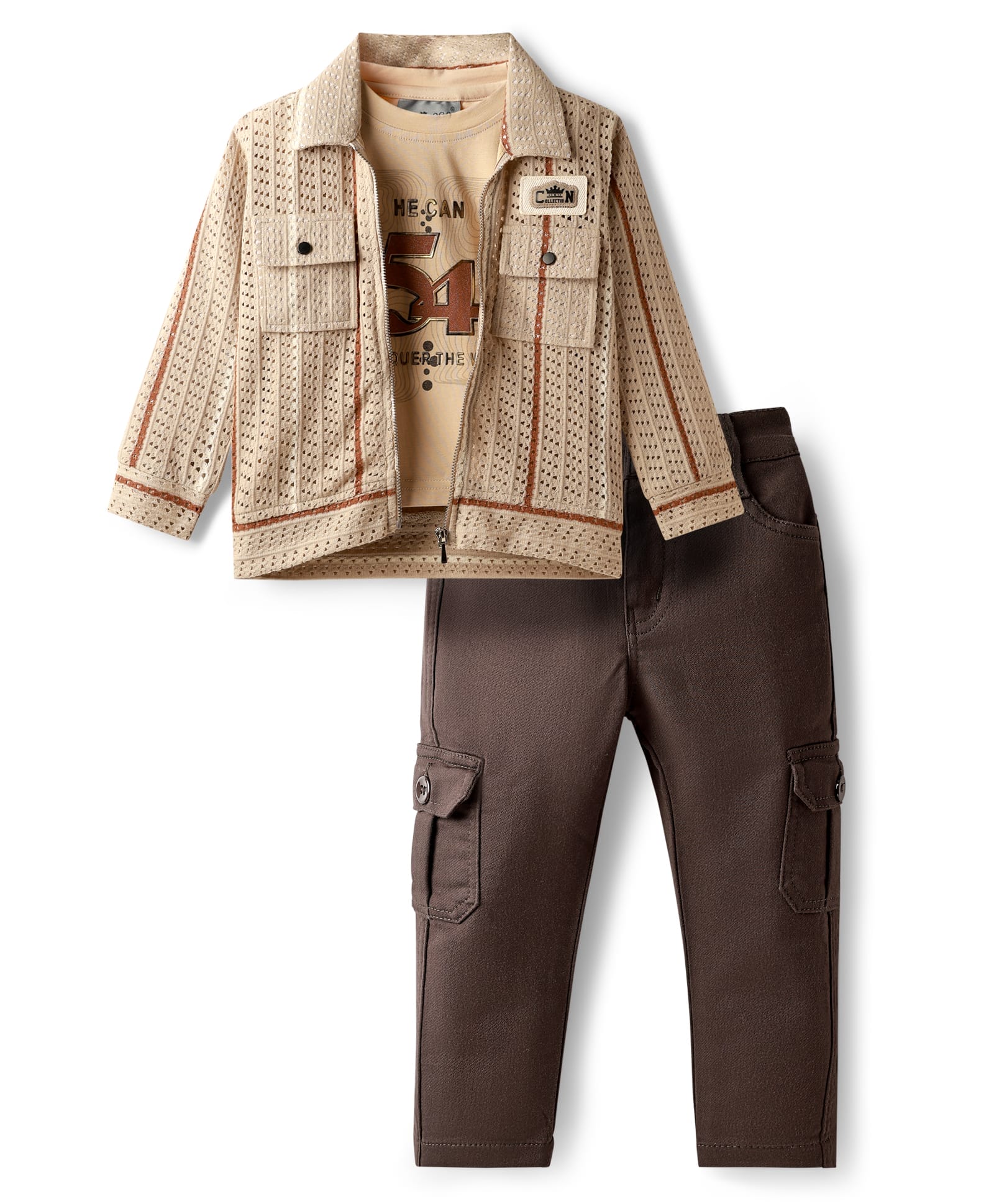 Dapper Dudes Full Sleeves Striped Crochet Designed Jacket With Typography Printed Tee & Pant Set - Fawn-image-9
