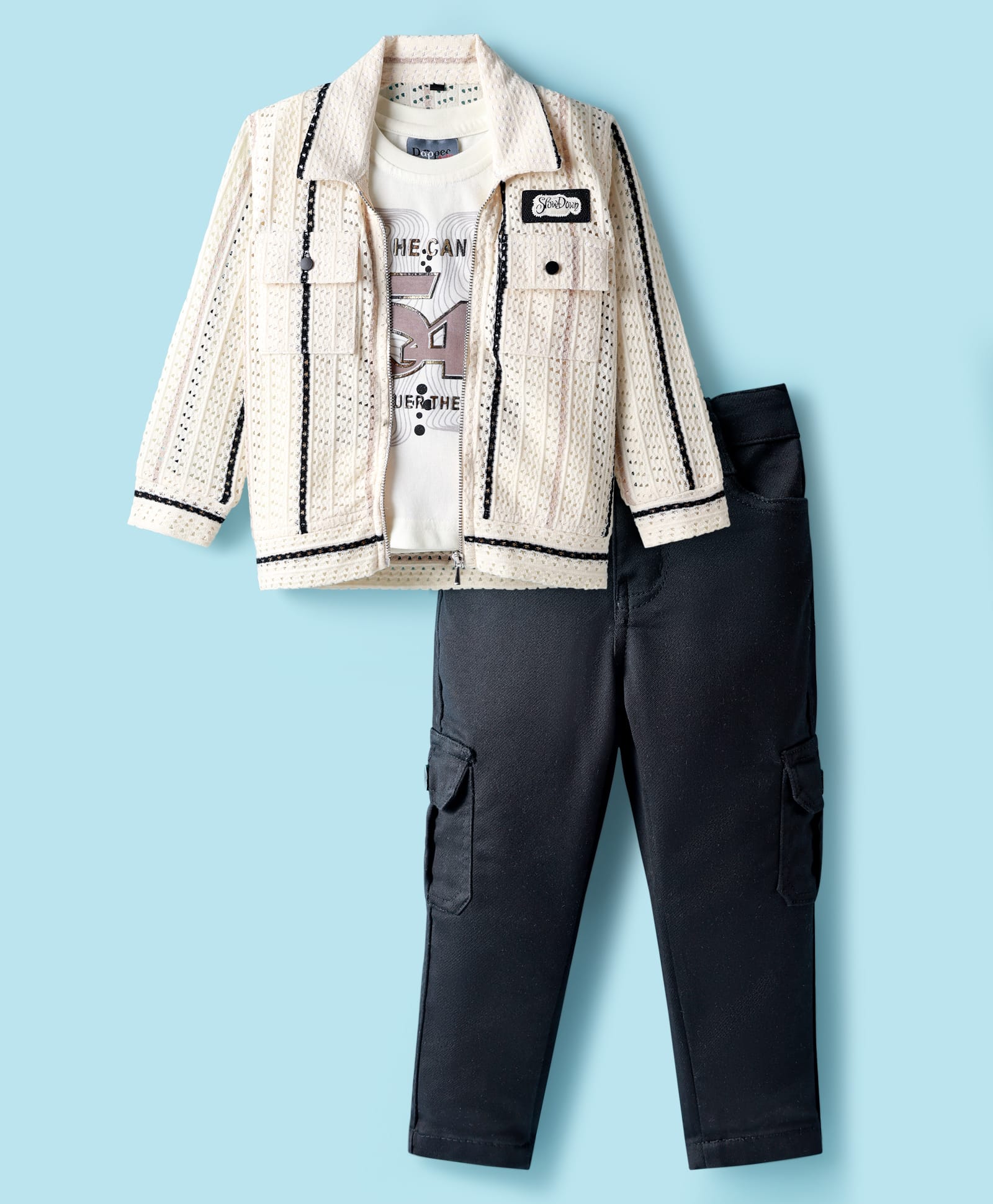 Dapper Dudes Full Sleeves Striped Crochet Designed Jacket With Typography Printed Tee & Pant Set - Cream-picture-13