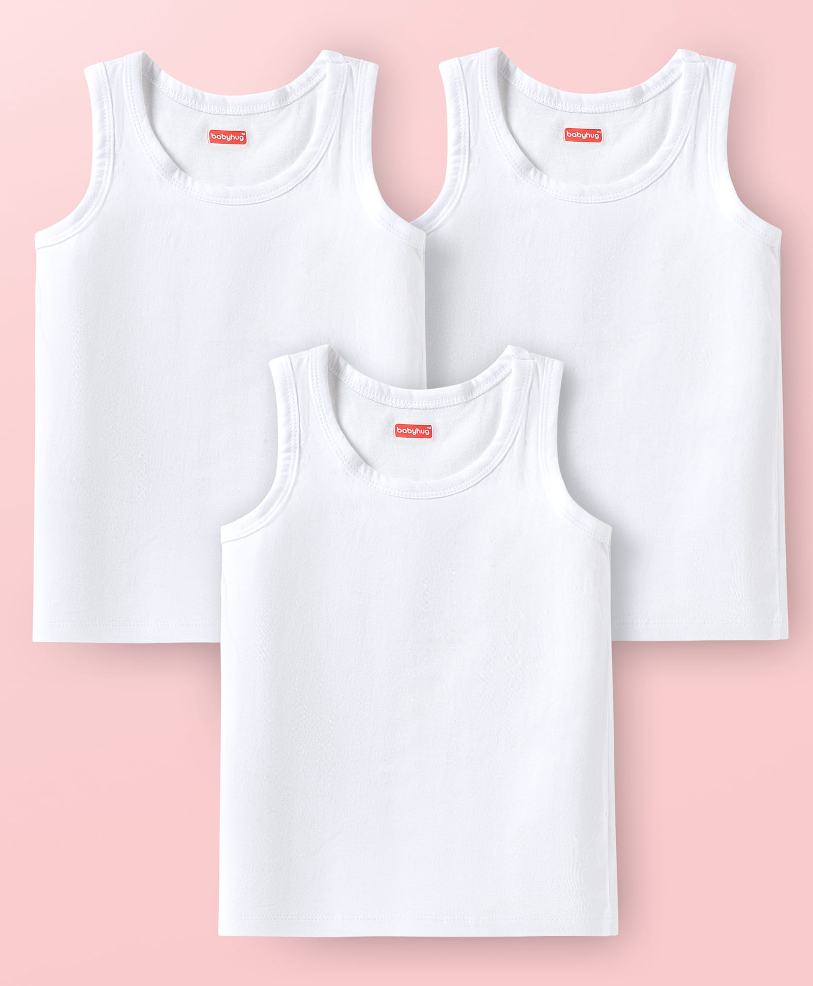 Babyhug 100% Cotton Knit Solid Color Sandos With Pack of 3 - White-image-48