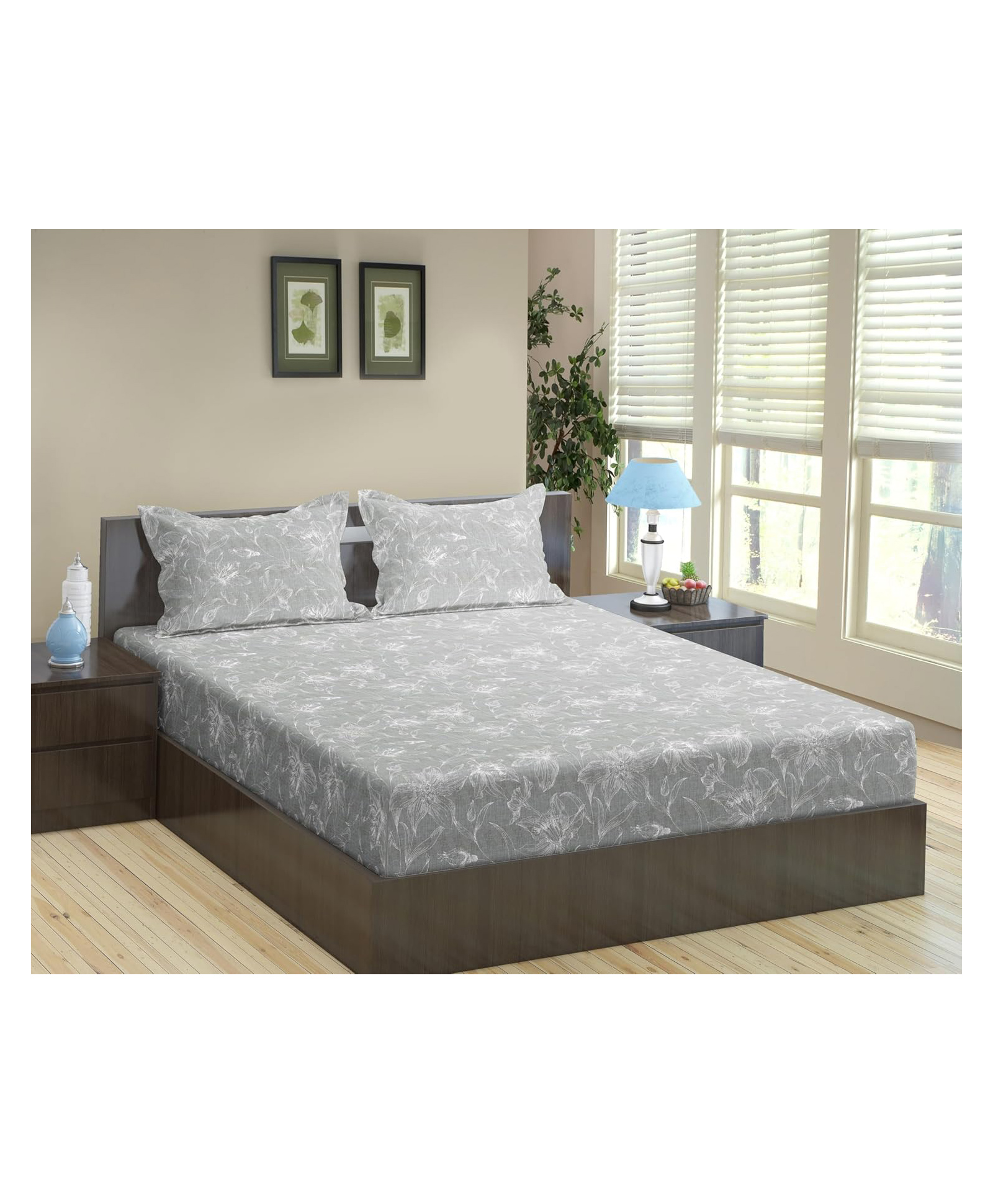 Trance Home Linen 144TC Cotton Printed King Size Fitted Bedsheet with 2 Pillow Cover - SENERITY GREY-picture-34