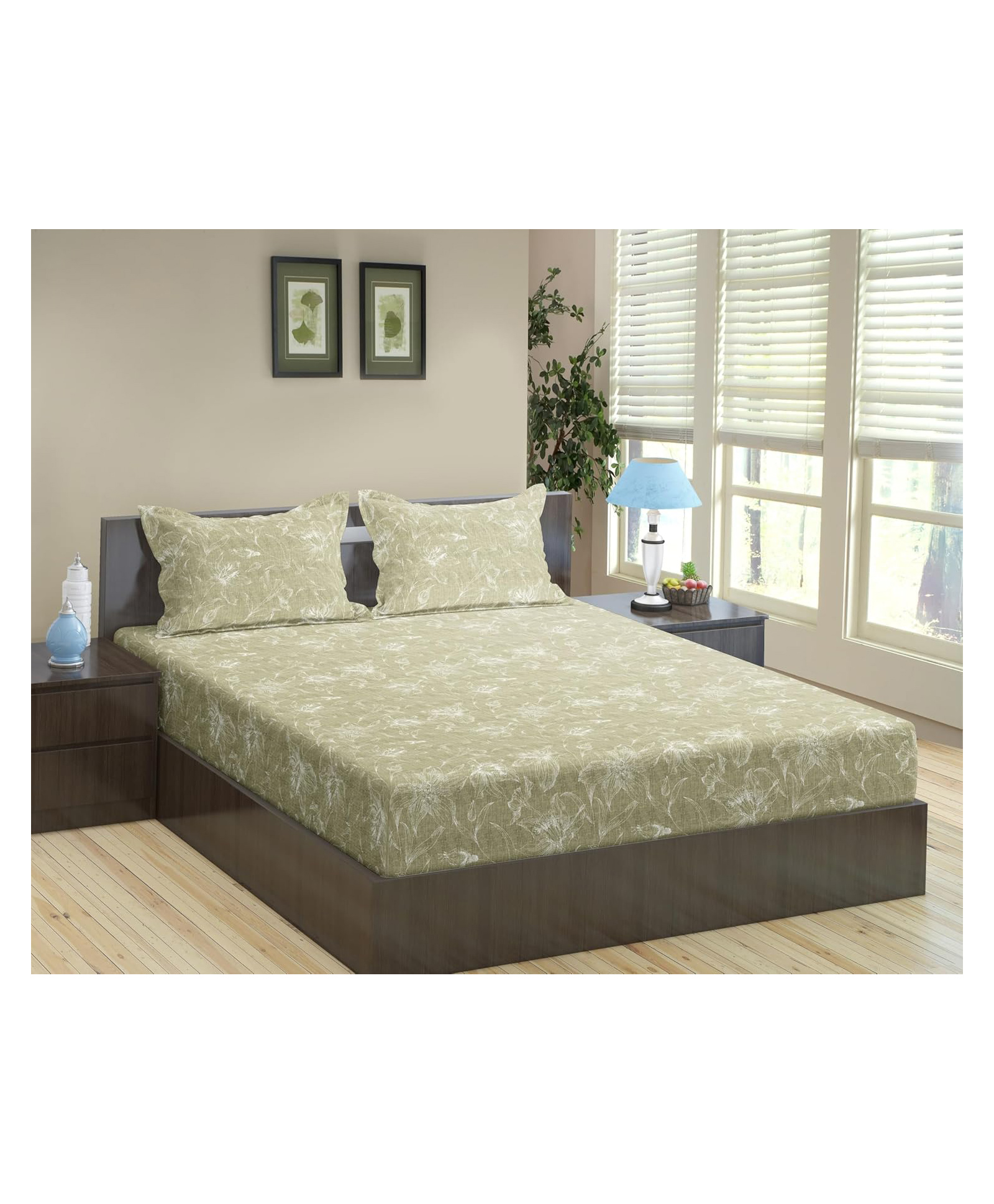 Trance Home Linen 144TC Cotton Printed Queen Size Fitted Bedsheet with 2 Pillow Cover - SERENITY MISTY GREEN-image-17