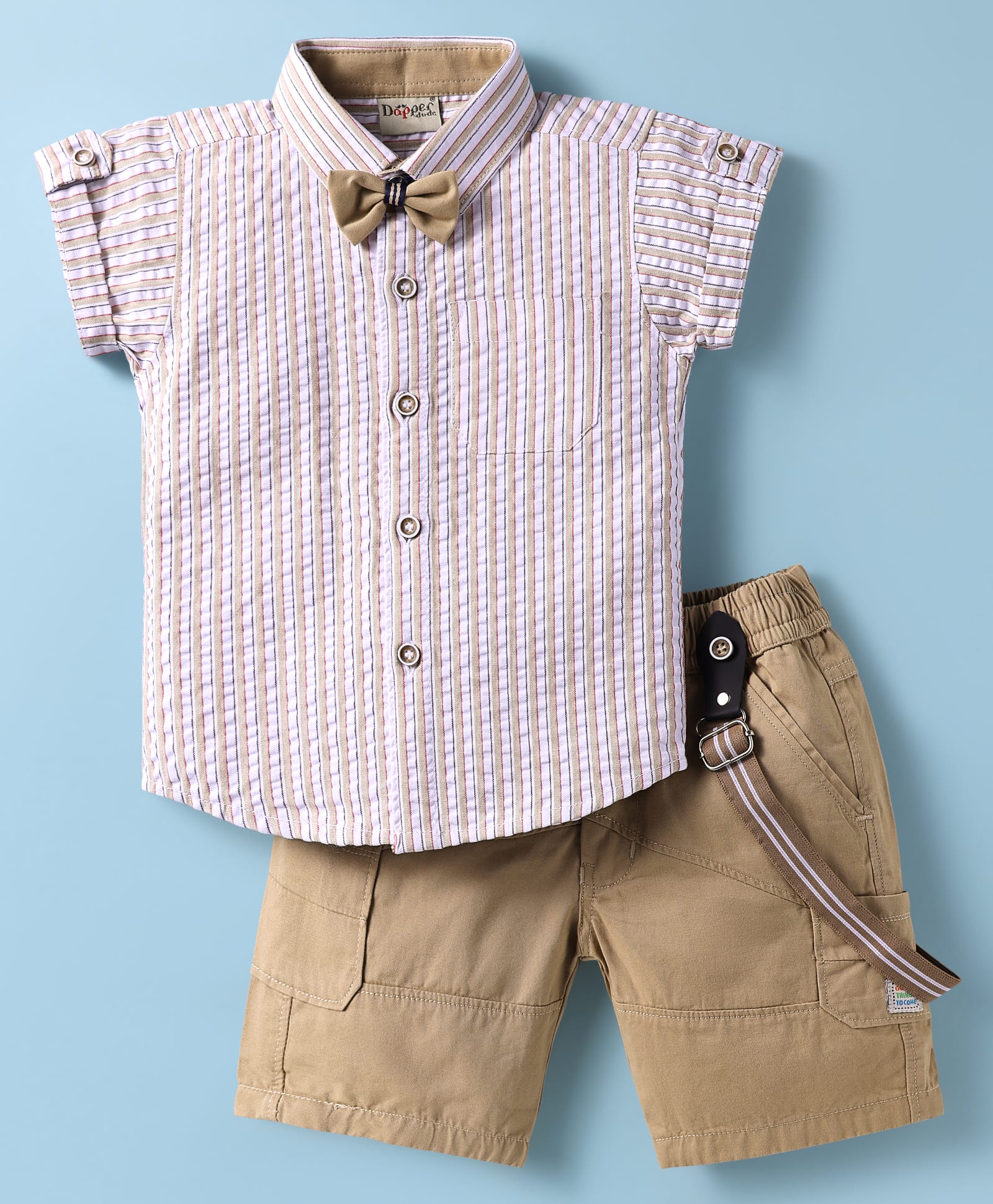 Dapper Dudes Half Sleeves Striped Shirt & Shorts With Bow & Suspender Set - Fawn-picture-22