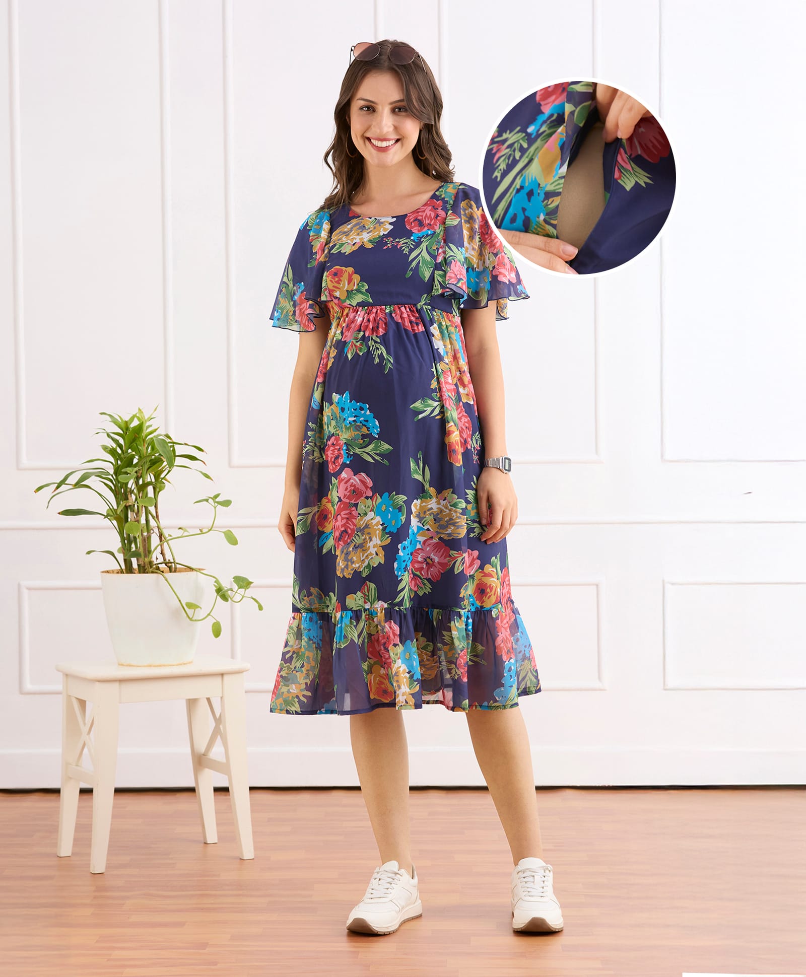 Bella Mama Viscose Woven Half Frill Sleeves Maternity Dress With Floral Print - Navy Blue