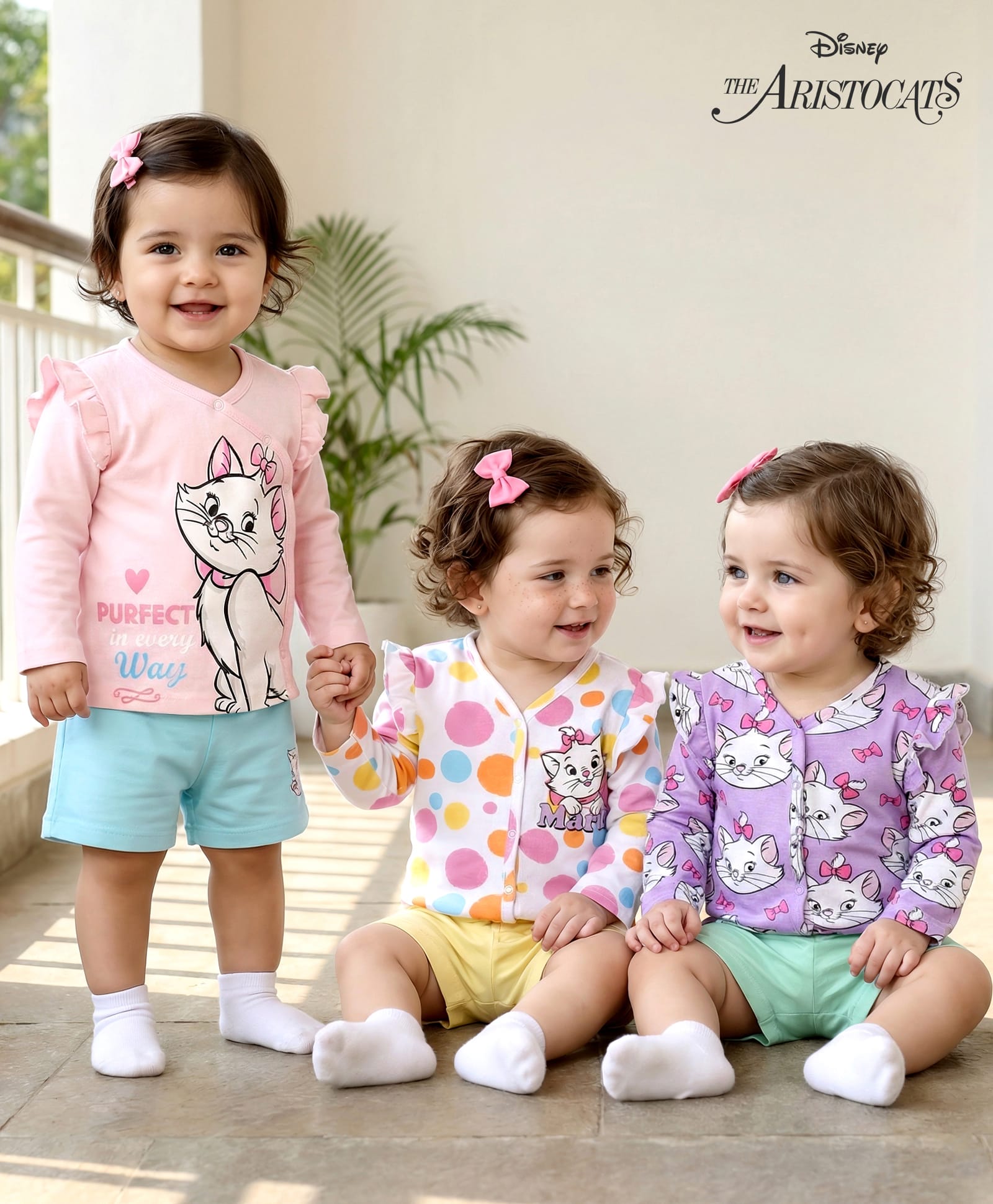 Babyhug Disney Interlock Knit Full Sleeves Jhablas With Aristocats Marie Print Pack Of 3 - Pink Purple & White-picture-21