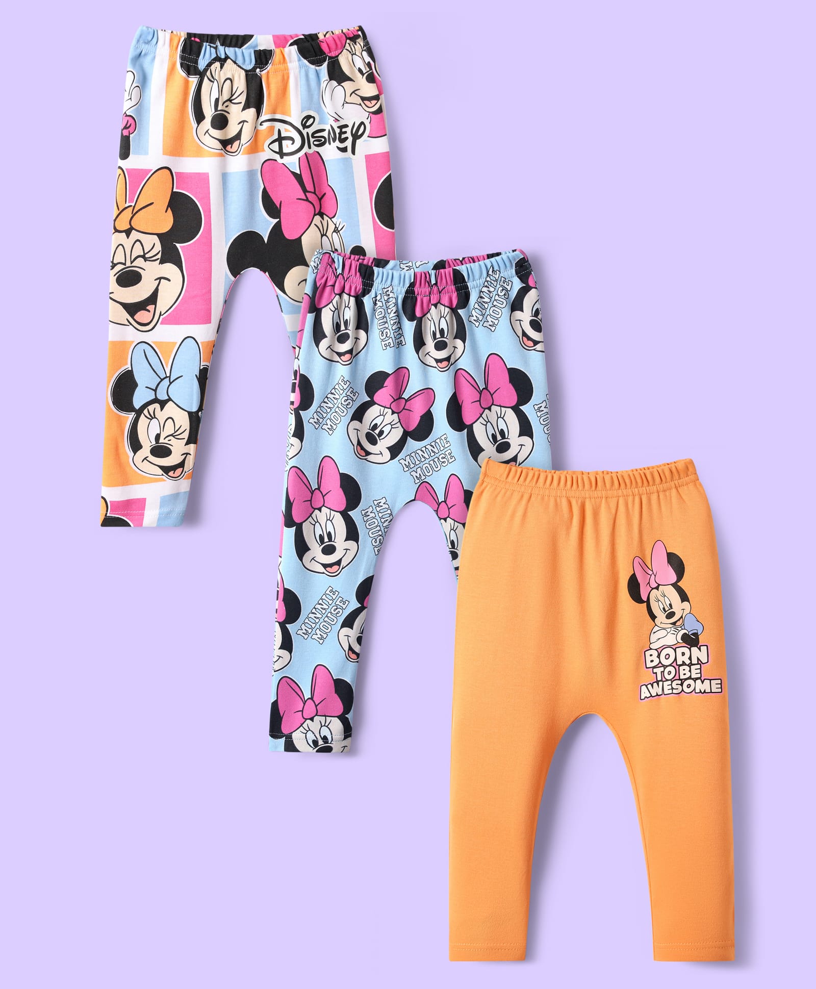 Babyhug Disney Interlock Knit Full Length Diaper Leggings With Minnie Mouse & Family Graphics Pack Of 3 - Orange & Light Blue-image-23