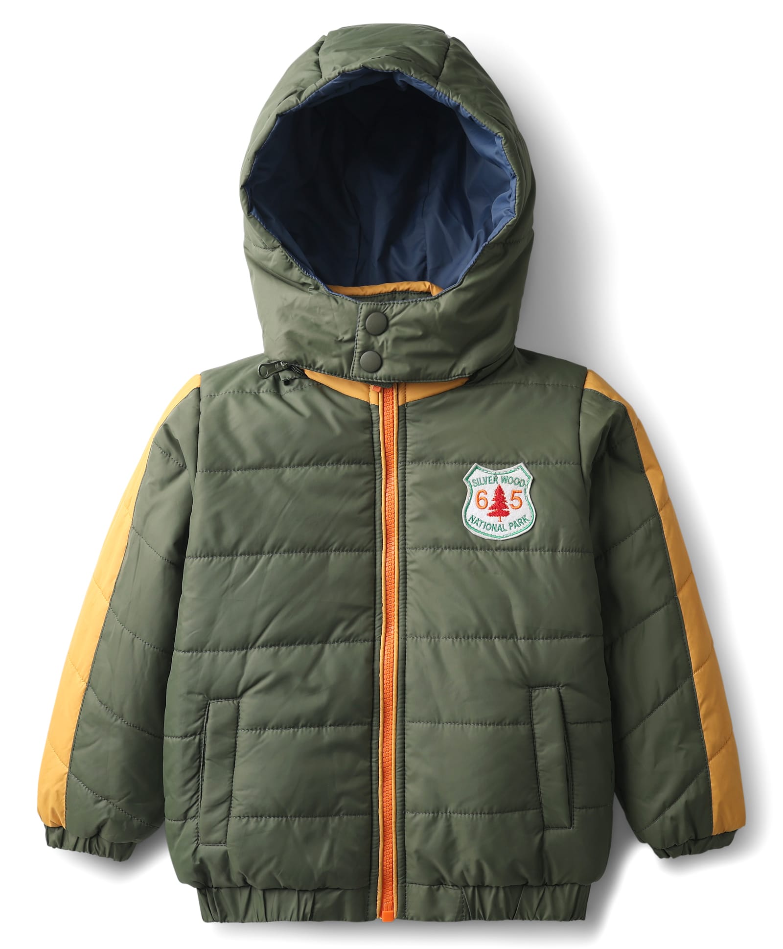 Babyhug Woven Full Sleeves Hooded Padded Jacket With Patch Detailing - Olive Green-image-32