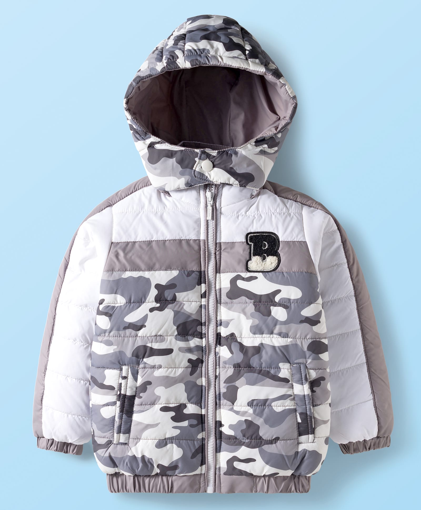 Babyhug Woven Full Sleeves Hooded Padded Jacket With Camouflage Print - White & Grey-picture-19