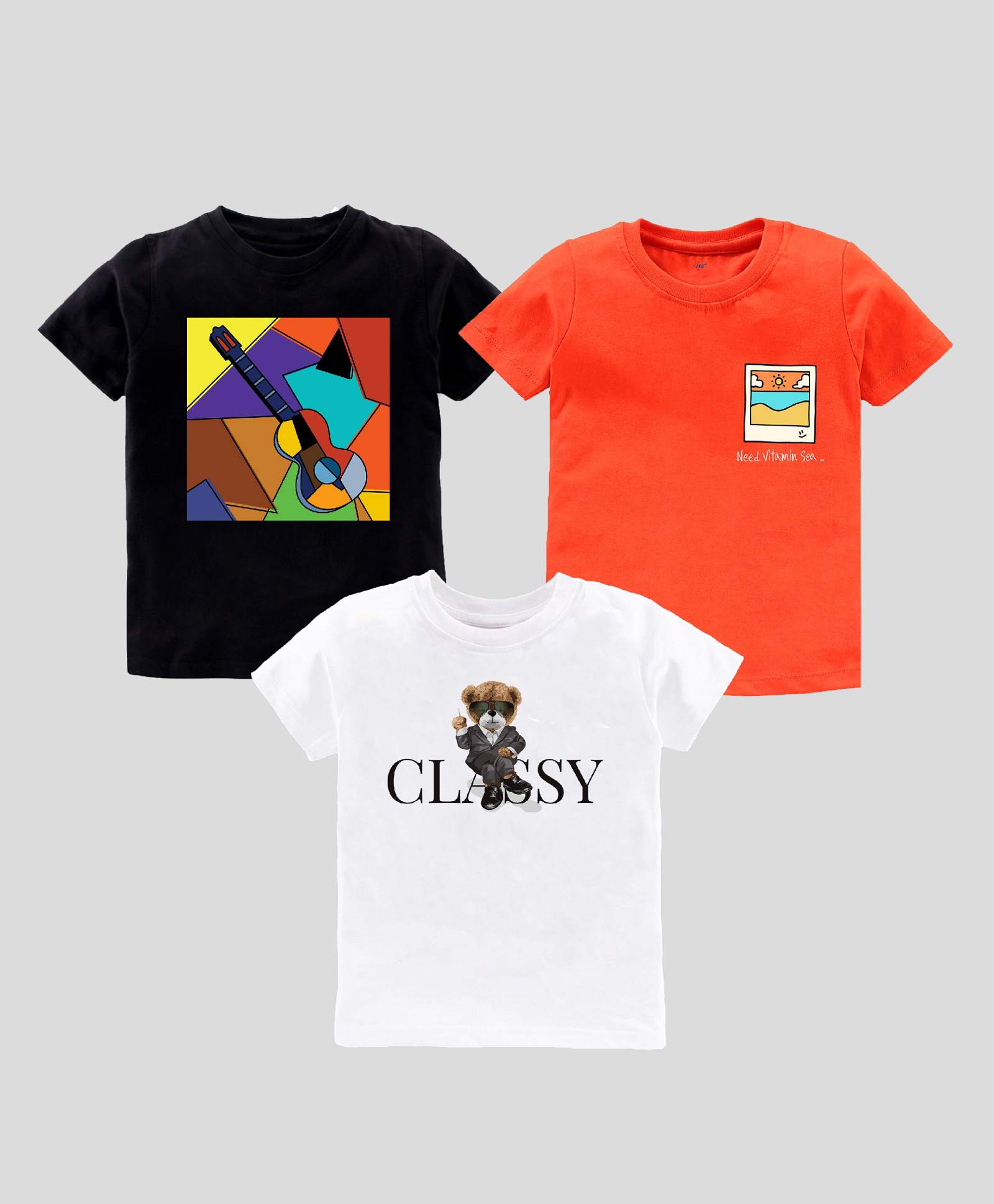 KAVEE Pure Cotton Pack Of 3 Half Sleeves Guitar & Bear Printed Tees - Orange Black & White-picture-16