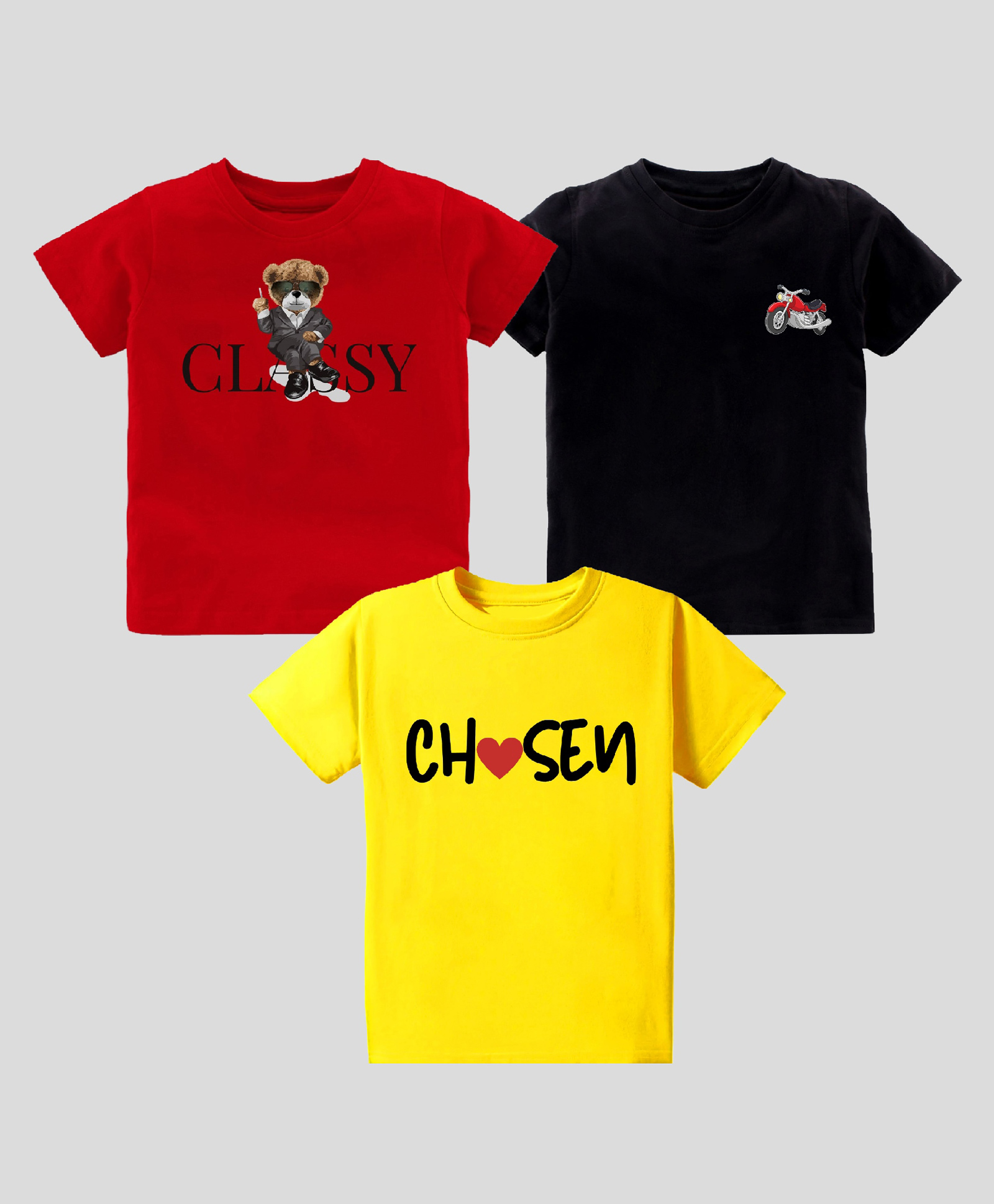 KAVEE Pure Cotton Pack Of 3 Half Sleeves Bike & Chosen Text Printed Tees - Red Black & Yellow-picture-20