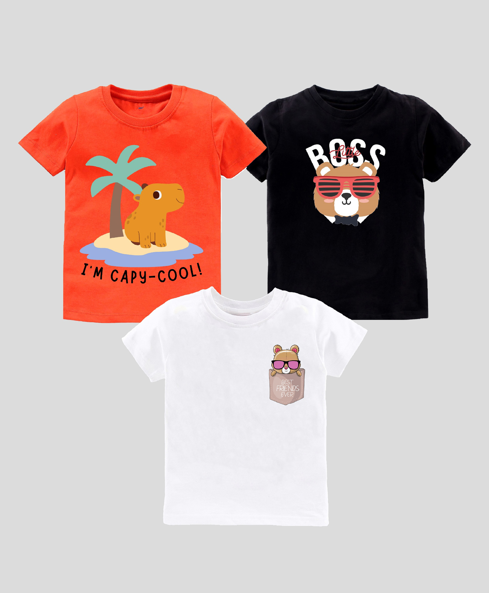 KAVEE Pure Cotton Pack Of 3 Half Sleeves Baby Bear & Typography Printed Tees - Orange Black & White-picture-18