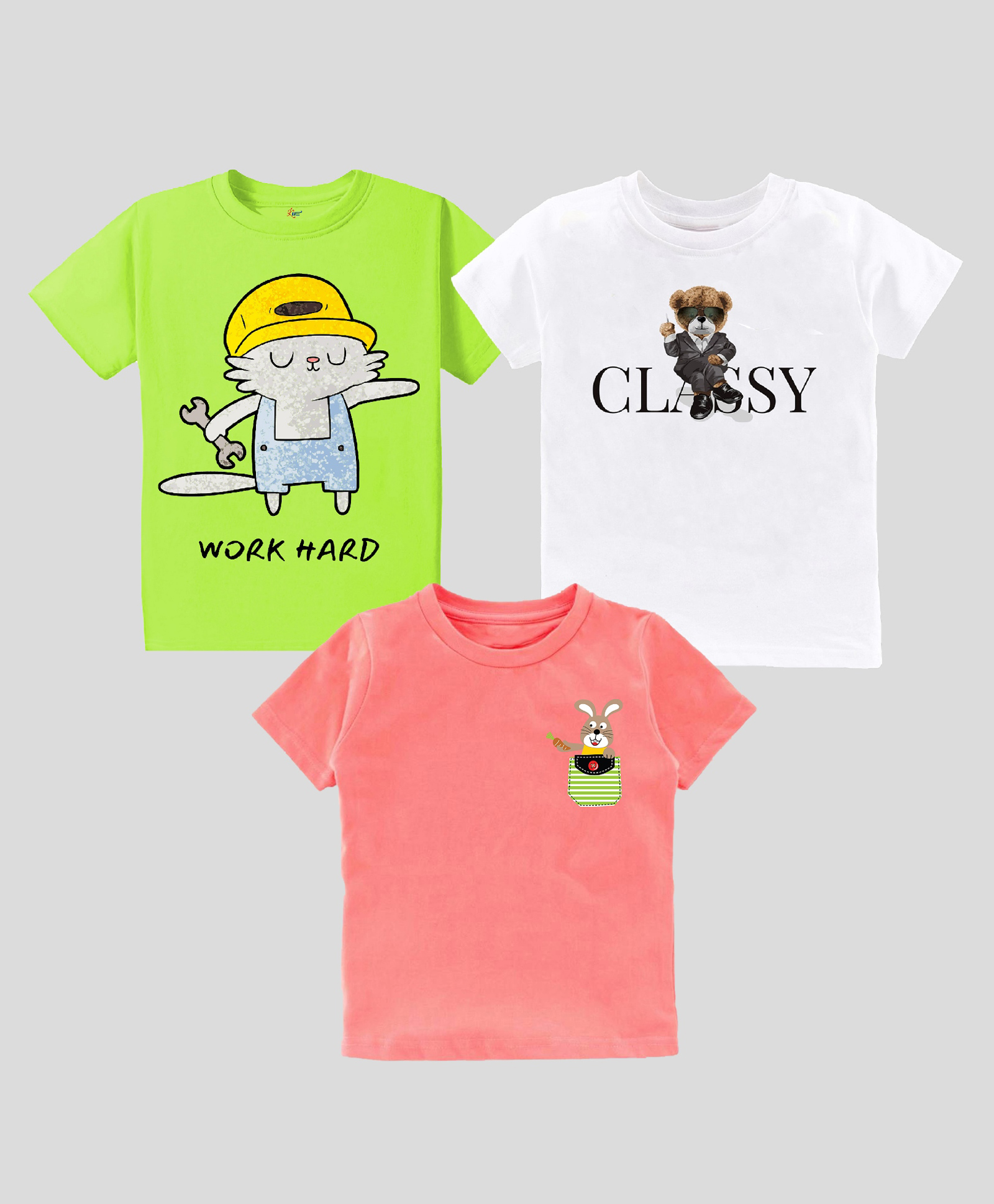 KAVEE Pure Cotton Pack Of 3 Half Sleeves Teddy Bear & Typography Printed Tees - Green White & Peach-picture-17