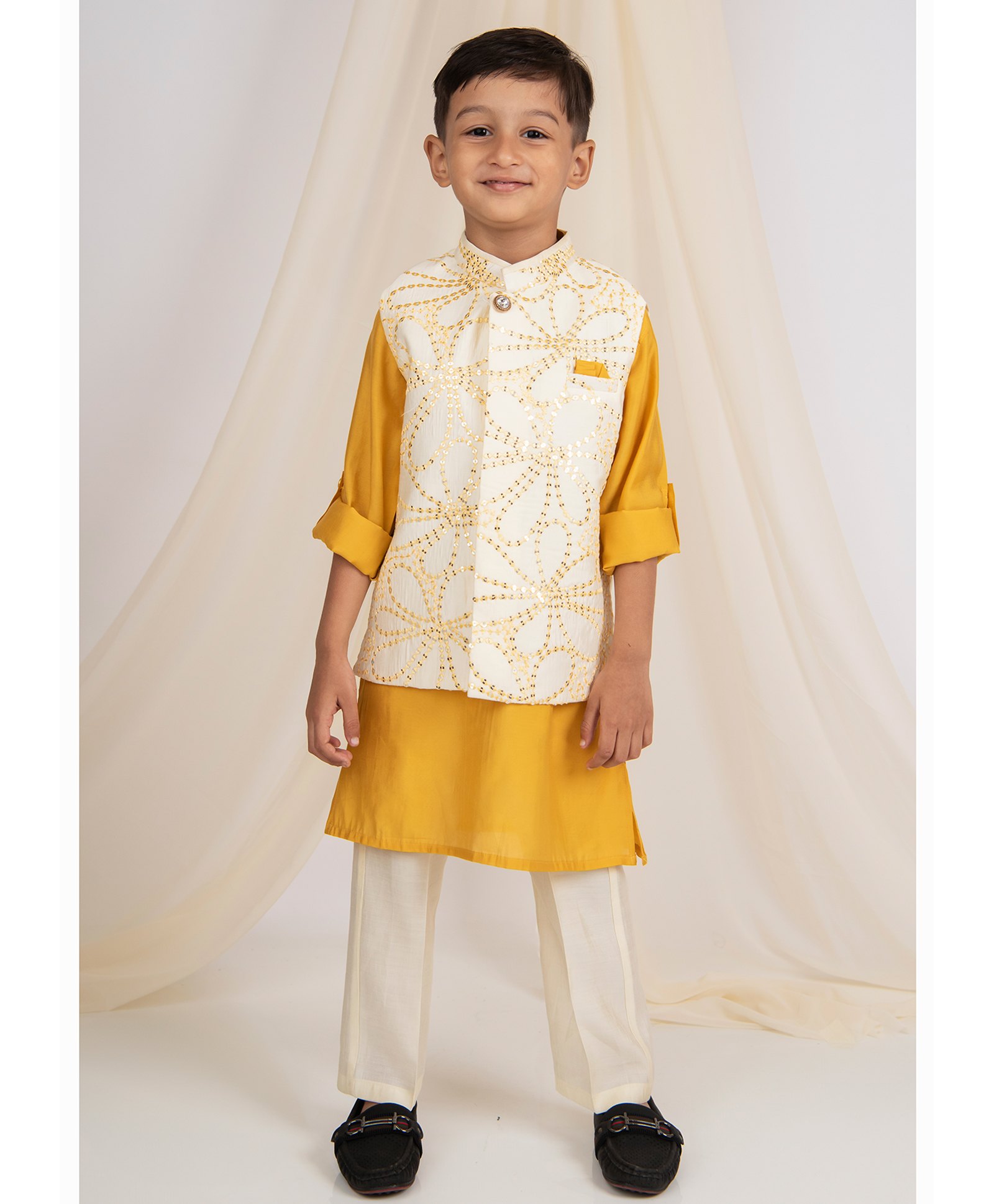 LITTLE COLLARS Silk Blend Full Sleeves Solid Kurta & Pyjama With Floral Shaped Sequins Embellished Nehru Jacket Set - Mustard-image-34
