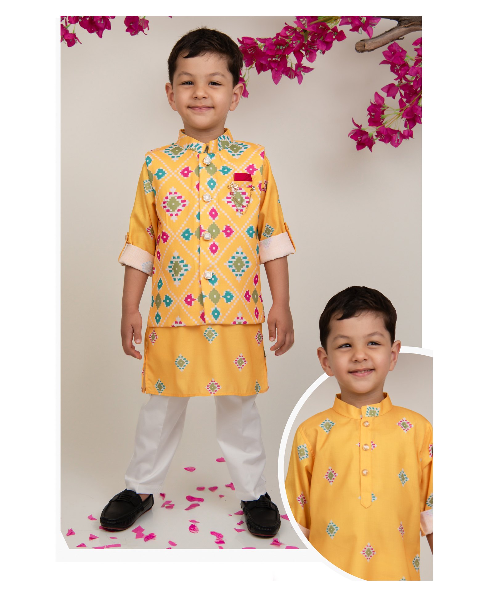 LITTLE COLLARS Soft Cotton Silk Blend Full Sleeves Ikkat Printed Kurta Pyjama With Sleeveless Nehru Jacket & Brooch - Lemon-picture-27