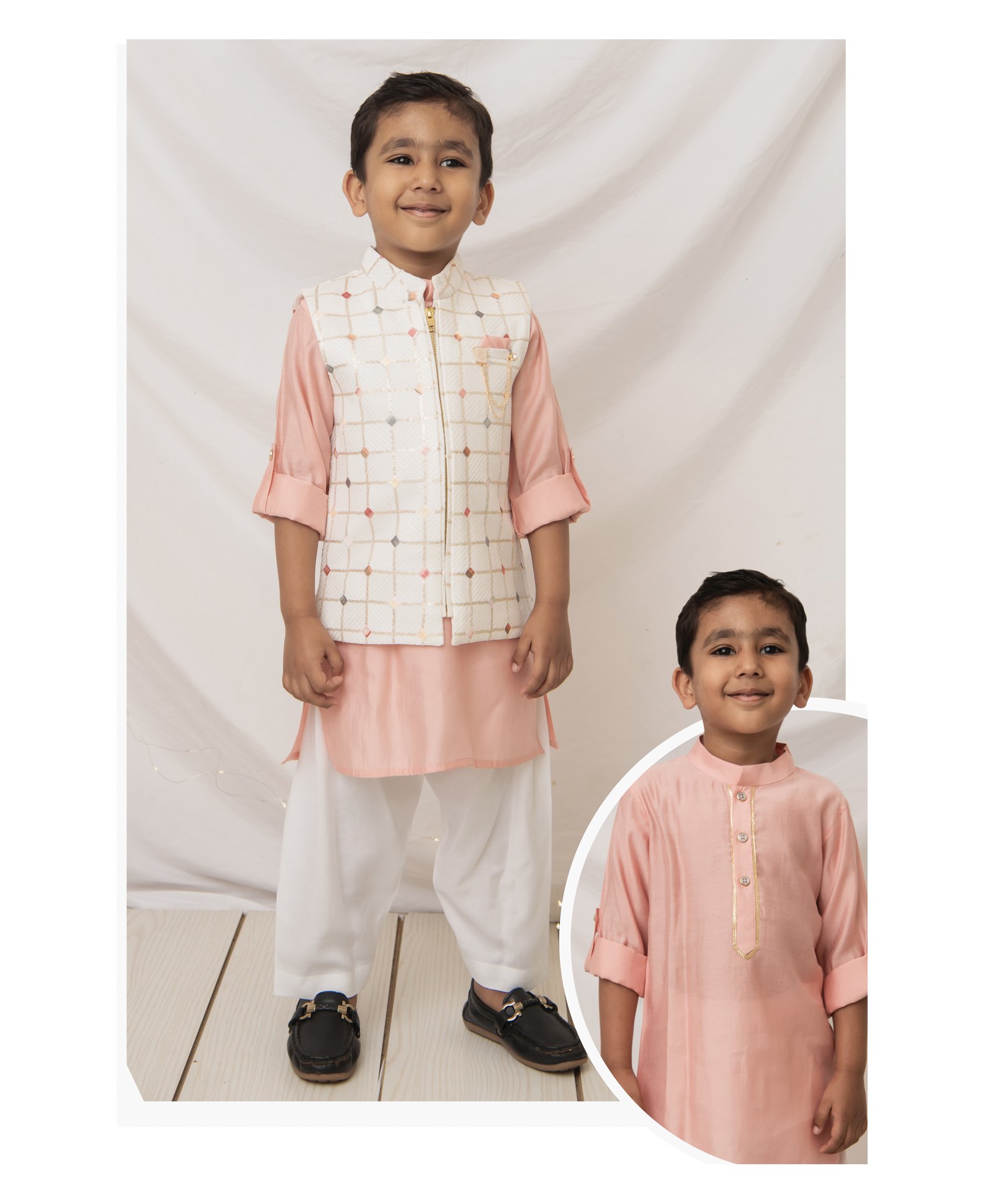 LITTLE COLLARS Soft Silk Blend Full Sleeves Lace Embellished Kurta Patiala With Sequin Embellished Nehru Jacket With Brooch - Off White-picture-24
