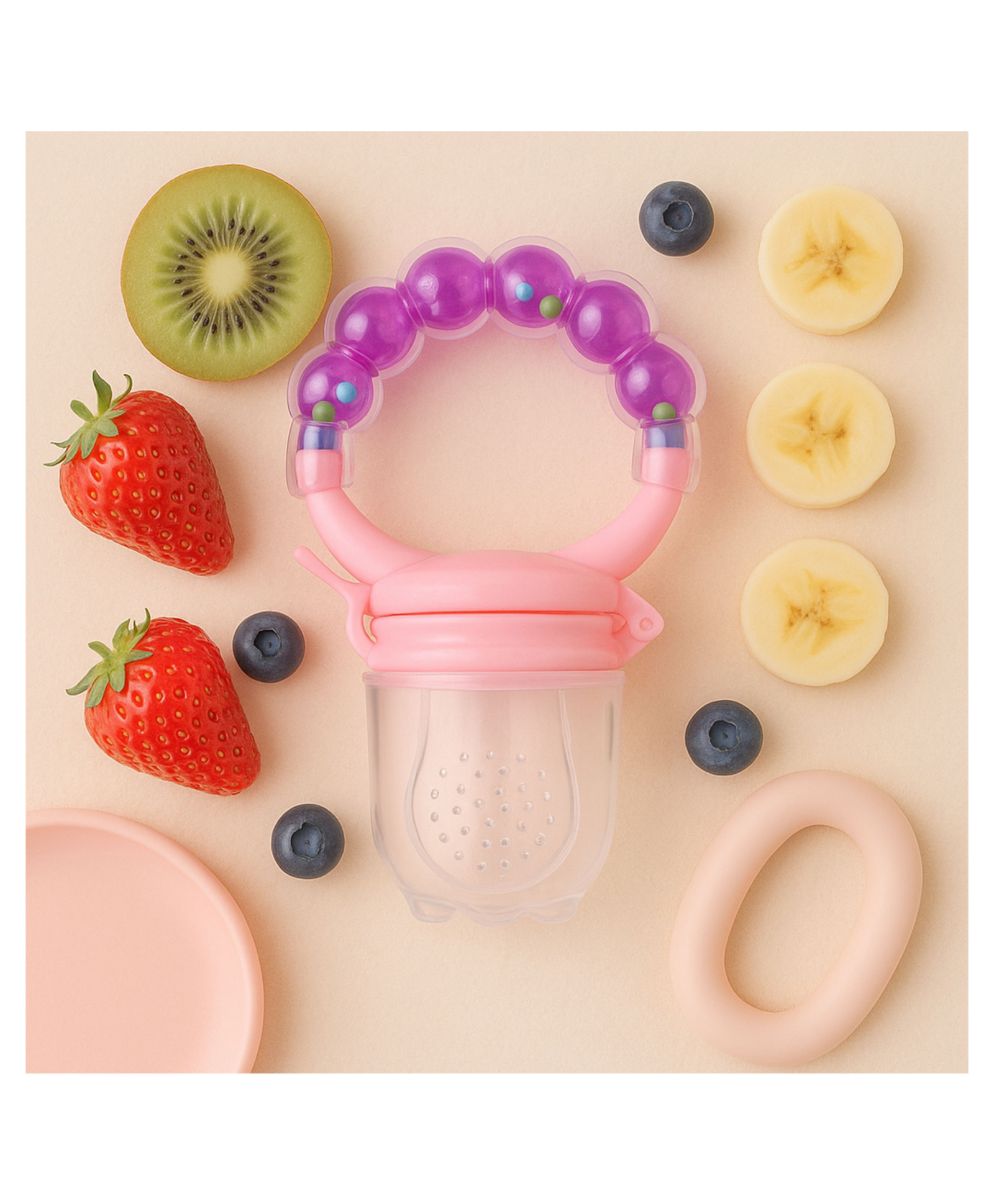 AEREX BPA Free Silicone Food Nibbler with Mesh Nipple for Fruit and Veggies with Rattle Handle for Baby (Purple)-image-43