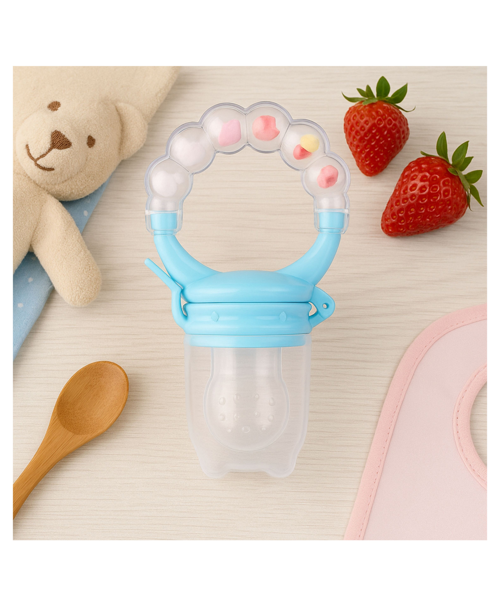 AEREX BPA Free Silicone Food Nibbler with Mesh Nipple for Fruit and Veggies with Rattle Handle for Baby (White)-image-42