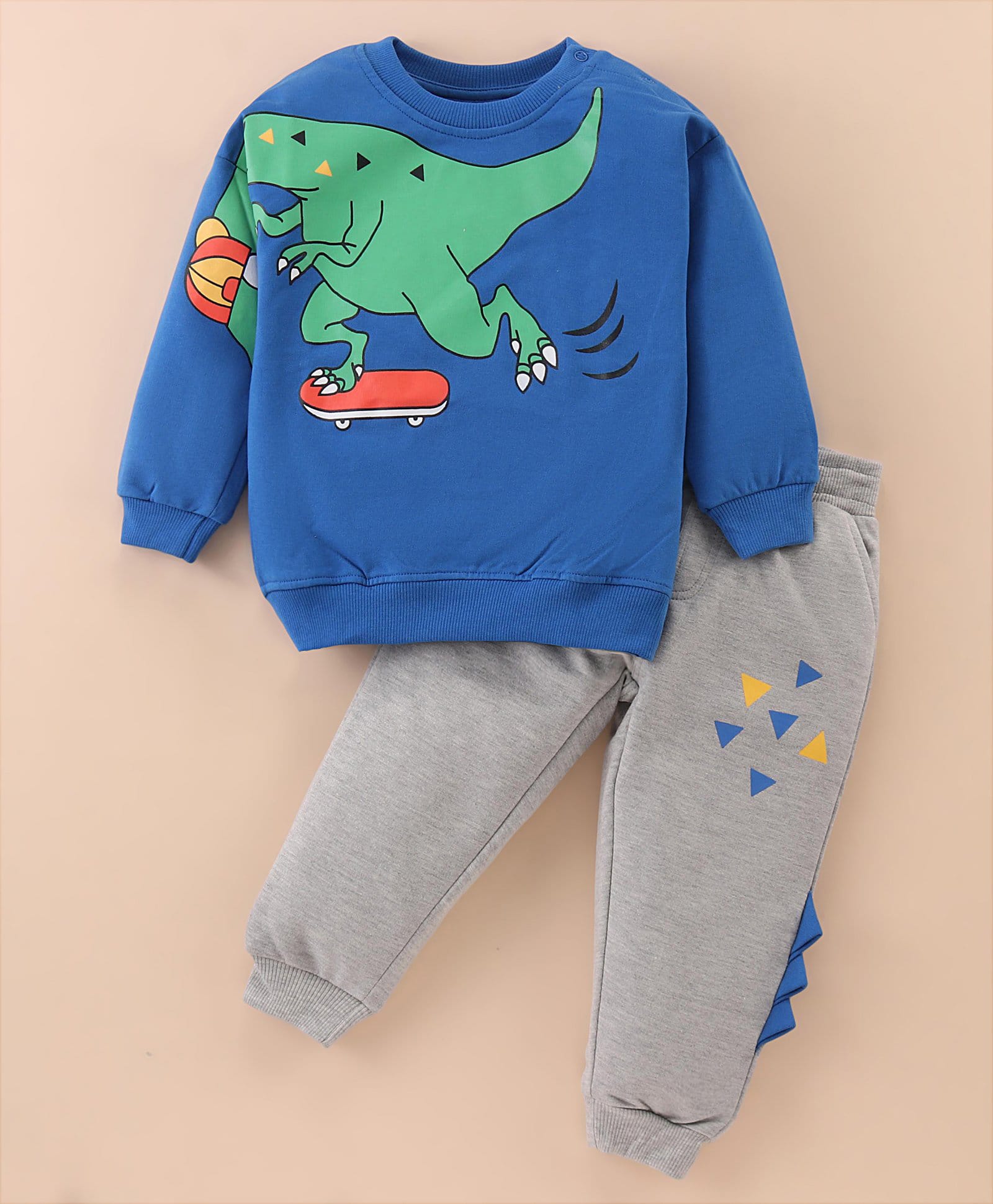 Mark & Mia Terry Knit Full Sleeves Winter Wear Suit With Dino Print & Applique - Blue & Gray-image-16