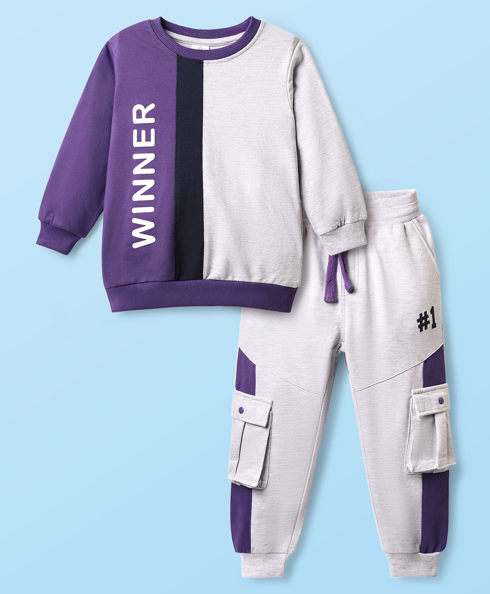 Mark & Mia Terry Knit Full Sleeves Cut & Sew Text Printed Winter Wear Suit with Cargo Pockets - Purple-picture-22