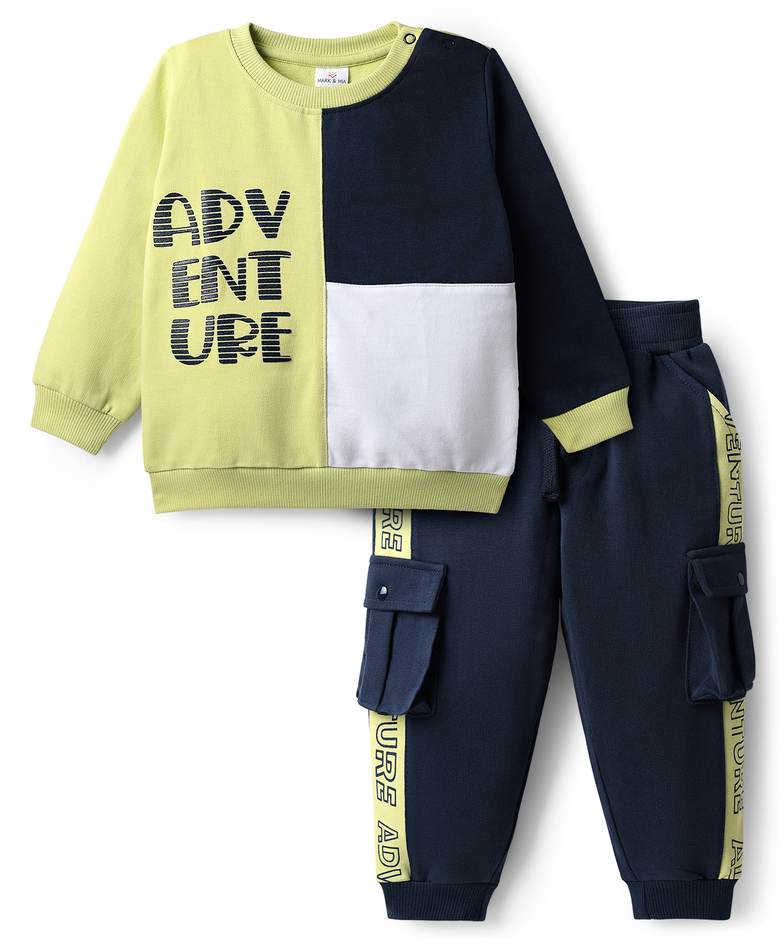 Mark & Mia Terry Knit Full Sleeves Cut & Sew Text Printed Winter Wear Suit with Cargo Pockets - Navy Blue & Light Green-image-18