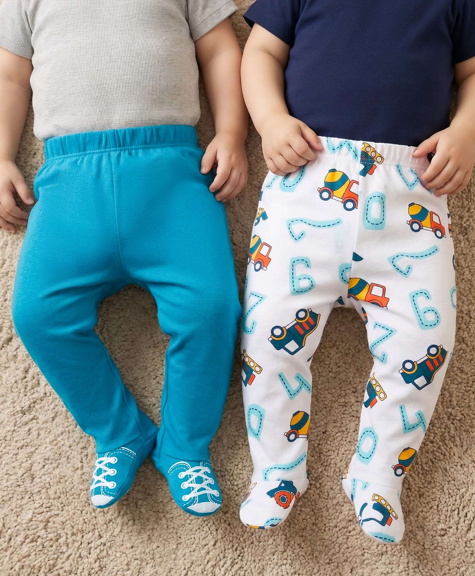 Babyoye 100% Cotton Full Length Bootie Leggings With Eco Jiva Finish & Vehicles Print Pack Of 2 - Light Blue & White-picture-28