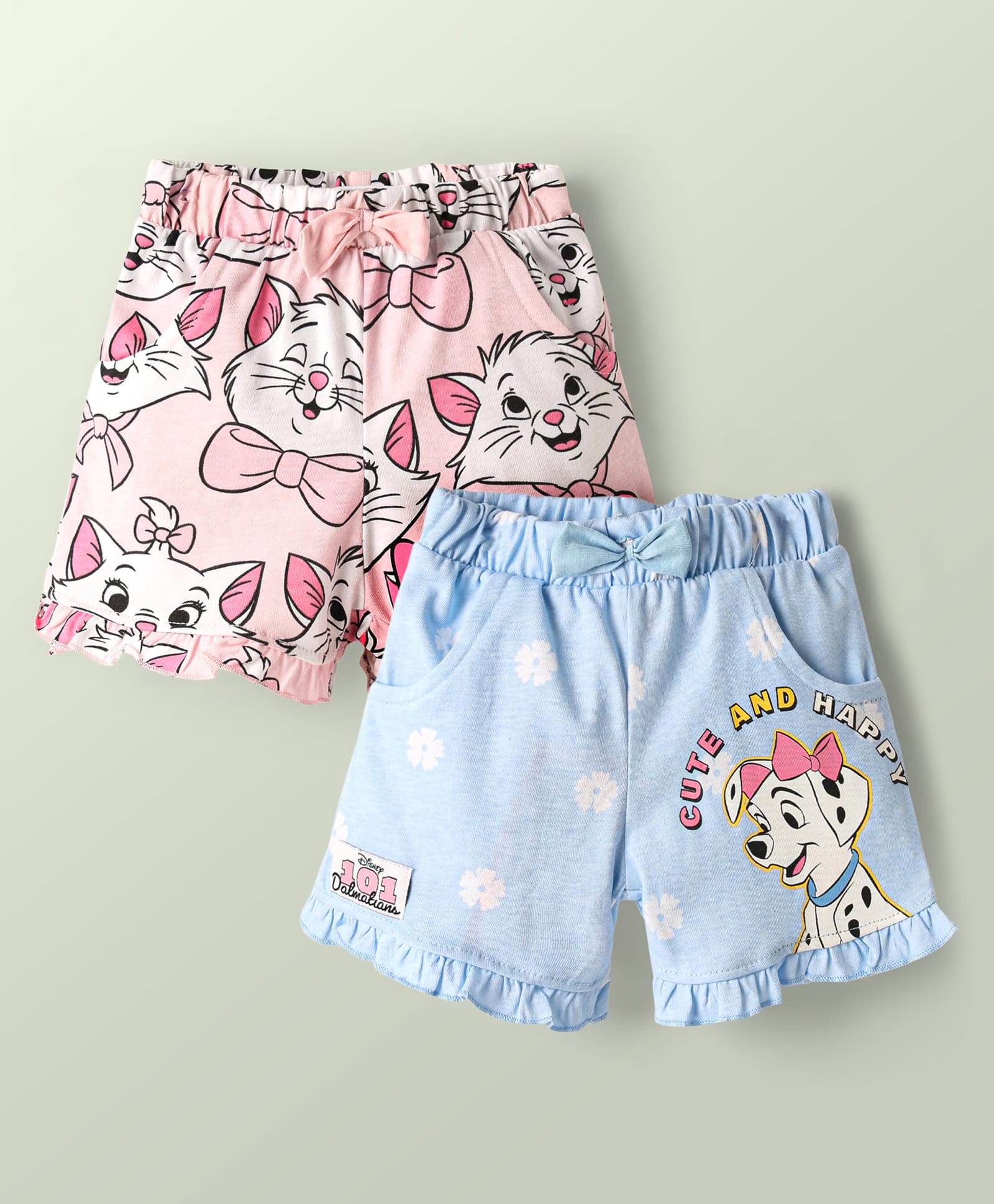 Babyhug Disney 100% Cotton Knee Length Shorts With Aristocats Marie Graphics Pack Of 2 - Light Blue & Pink
