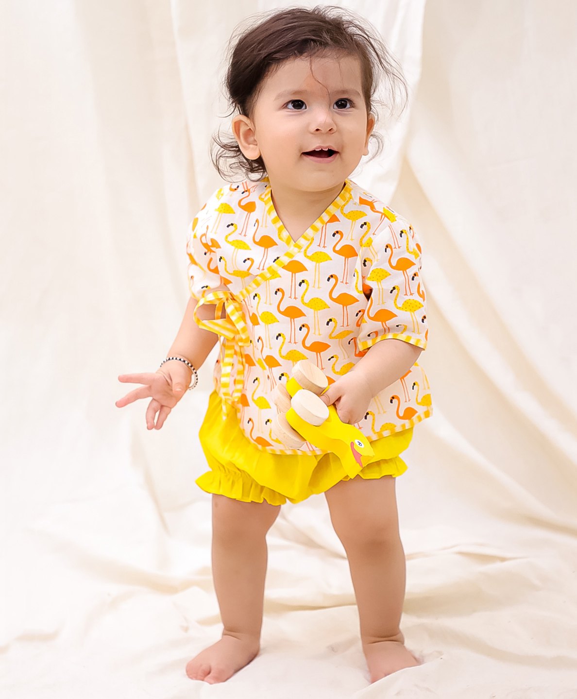 BownBee Cotton Half Sleeves Flamingos Printed Jhabla & Shorts Set - Yellow-picture-12