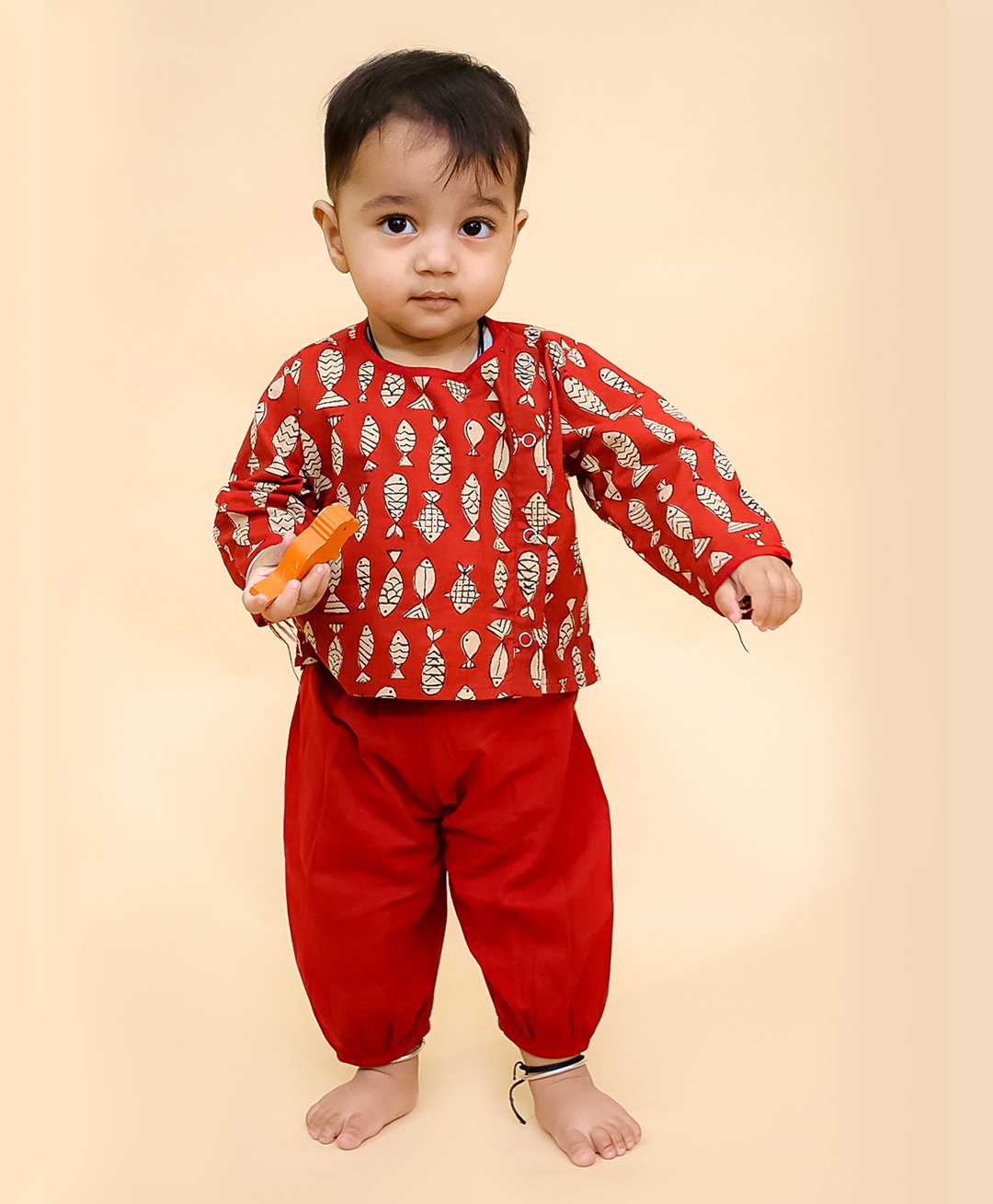 BownBee Cotton Full Sleeves Fish Printed Jhabla & Pant Set - Maroon-image-35