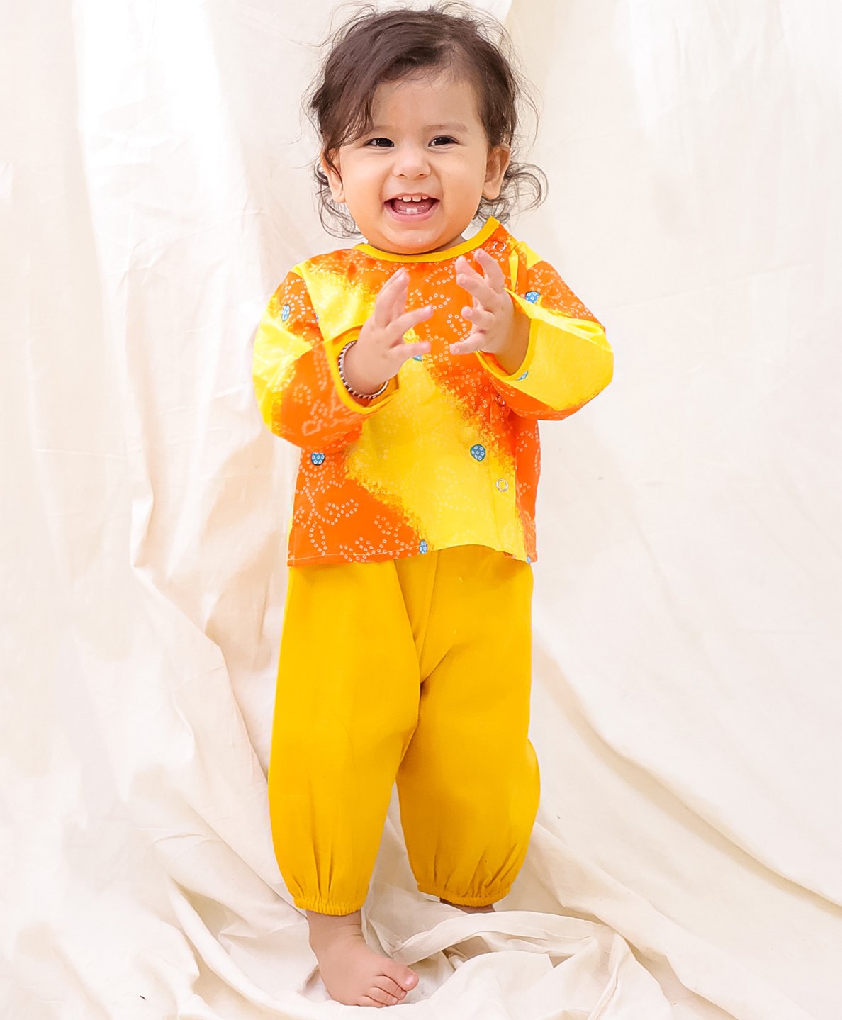 BownBee Cotton Full Sleeves Bandhani Printed Tie Dye Jhabla & Harem Pants Set - Orange-image-32