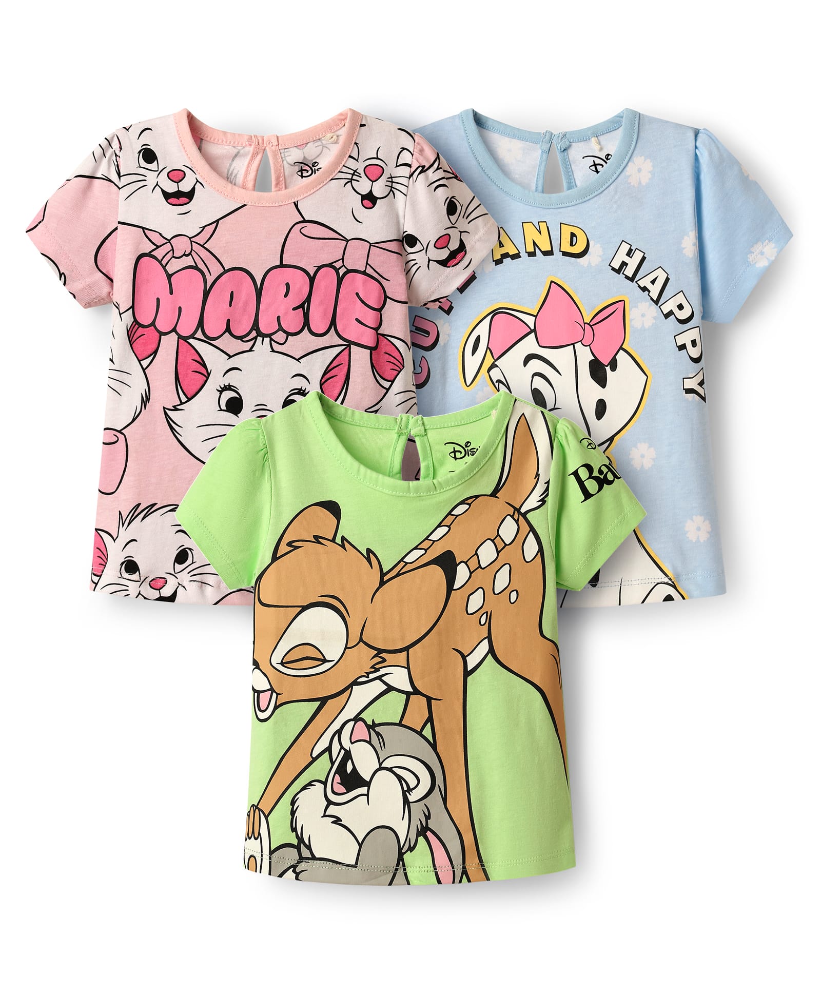 Babyhug Disney Single Jersey Knit Half Sleeves T-Shirts With Aristocat Marie Graphics Pack Of 3 - Light Green & Pink