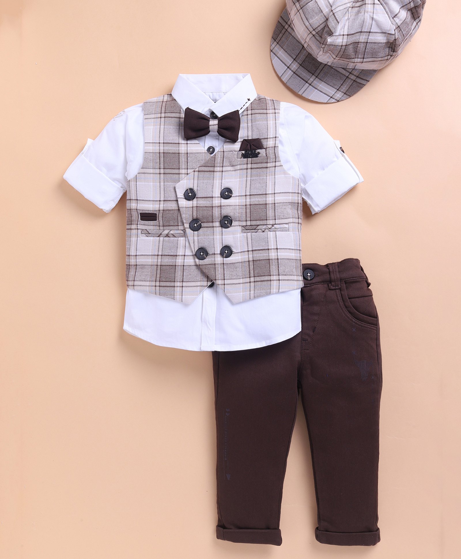 LITTLE COLLARS Cotton Full Sleeves Checked 3 Piece Party Suit With Bow & Cap Set - Coffee-picture-26