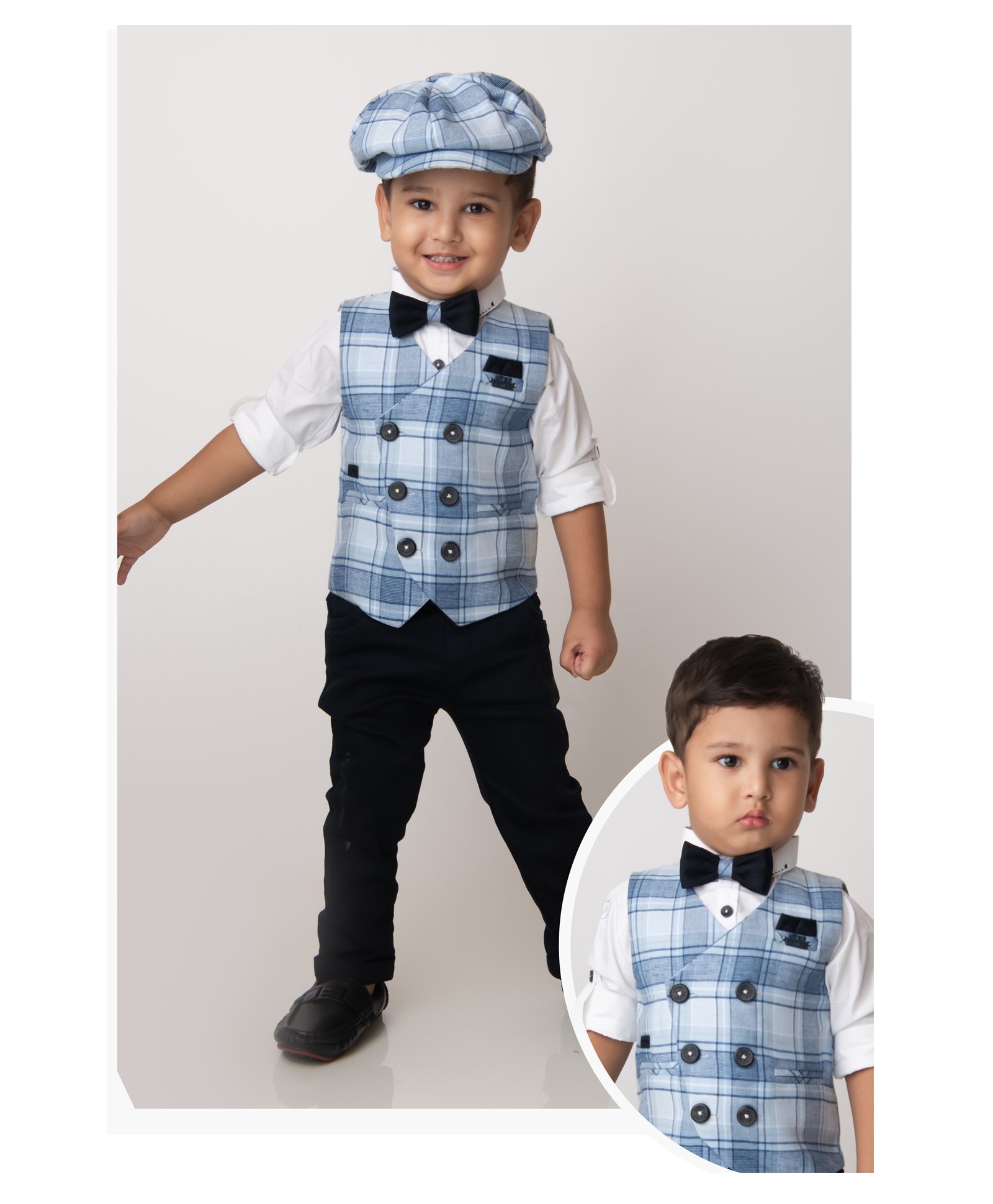LITTLE COLLARS Cotton Full Sleeves Checked 3 Piece Party Suit Set With Cap & Bow - Blue-picture-29
