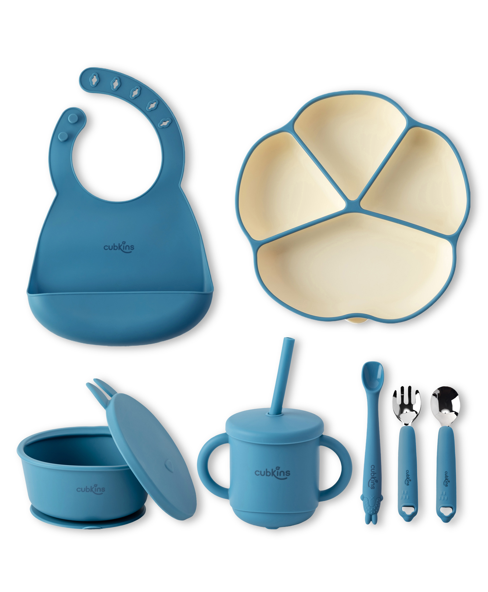 CUBKINS Essential Feeding Set of 7 Pcs - Plate, Bib, Bowl, Sippy Cup, SS Fork, SS Spoon, Bendable Spoon | Designed for Children | BPA Free, Food Grade, FDA Approved | Easy to Clean (Blue Olive)-image-39