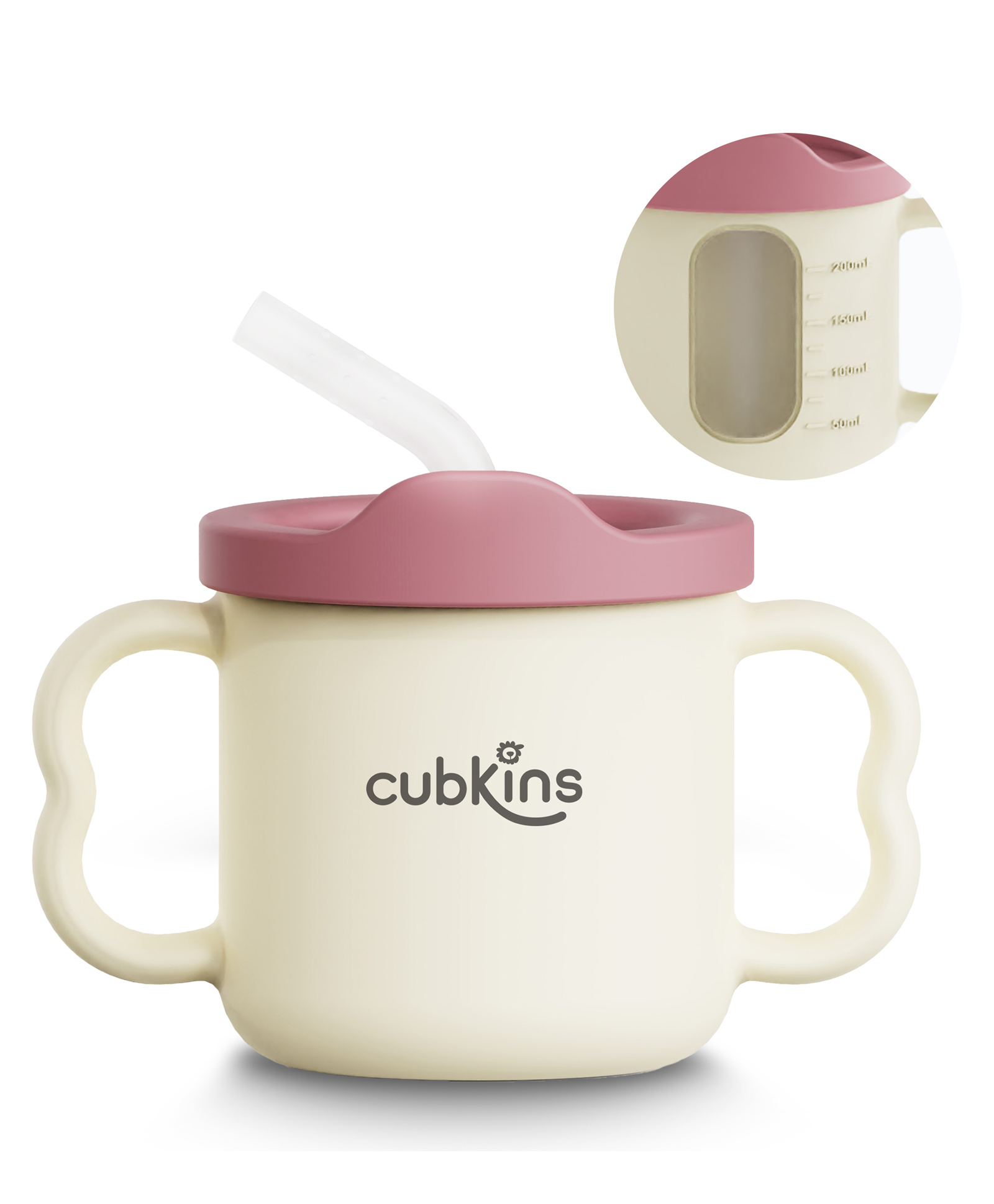 CUBKINS Dual Tone Sippy Cup with Lid & Straw for Infants & Toddlers | Transparent Measurement Markings | Contoured Double Handles | 100% Silicone, BPA Free | Easy to Clean (White-Raspberry)-image-44