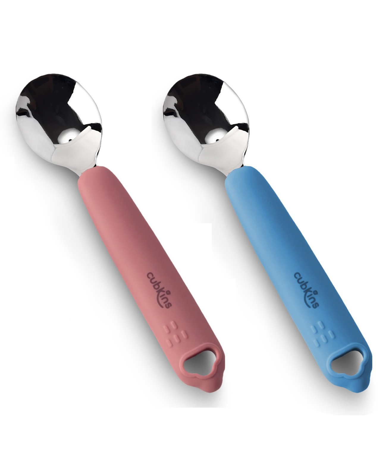CUBKINS Set of 2 Spoons for Babies, Infants & Toddlers with Stainless Steel Head & Silicone Handles | No Sharp Edges | BPA Free, Food Grade, FDA Approved | Washable & Reusable (Raspberry, Blue Olive)-picture-25