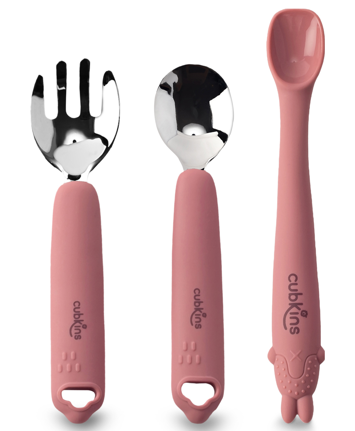 CUBKINS Set of 3 pcs - SS Spoon, SS Fork, Early Feeding Bendable Spoon | Designed for Babies, Infants & Toddlers | BPA Free, Food Grade, FDA Approved | Easy to Clean (Raspberry)-image-49