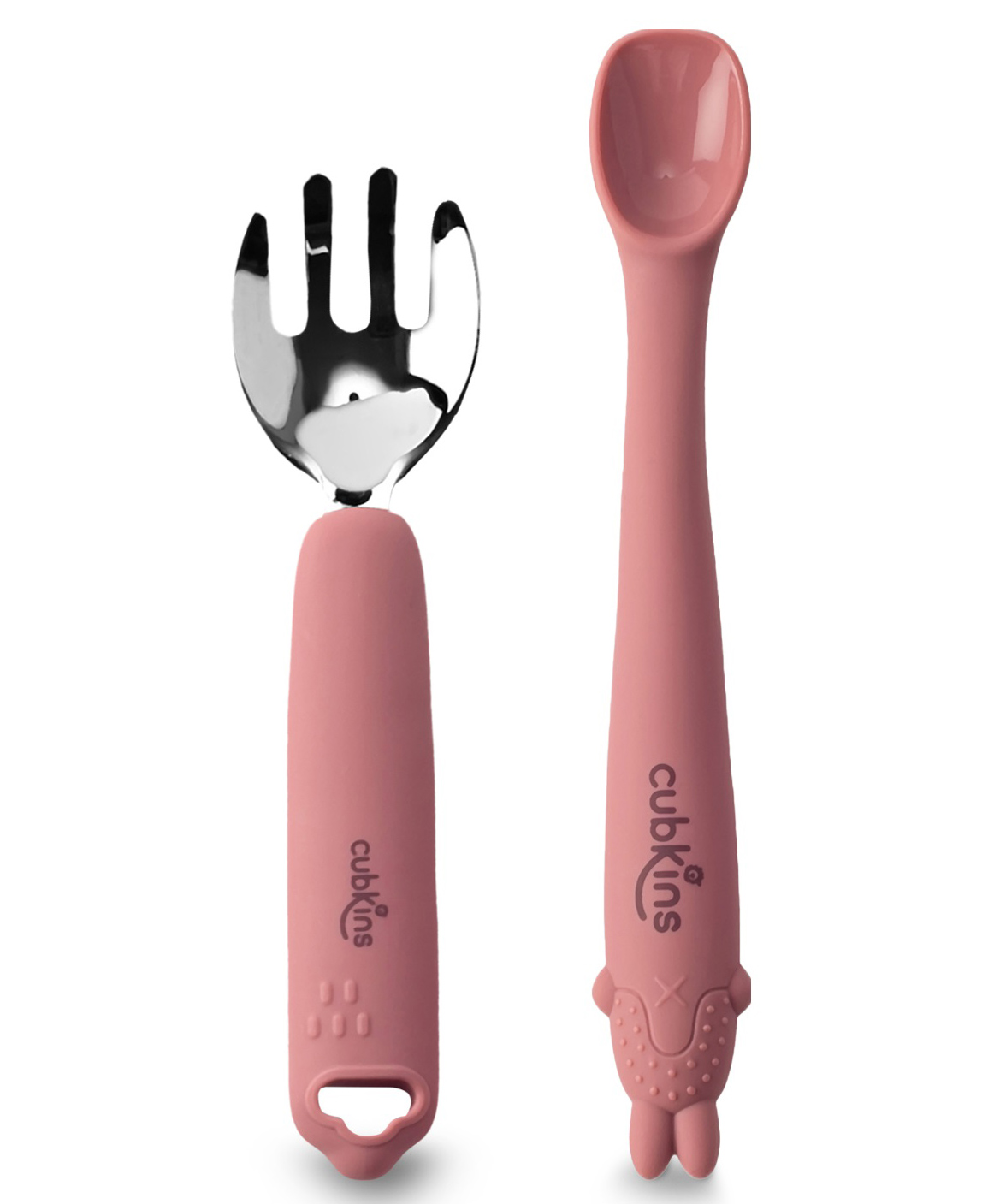 CUBKINS Set of Fork with Stainless Steel Head and Early Feeding Bendable Silicone Spoon for Children | No Sharp Edges | BPA Free, Food Grade, FDA Approved | Washable & Reusable (Raspberry)-image-0