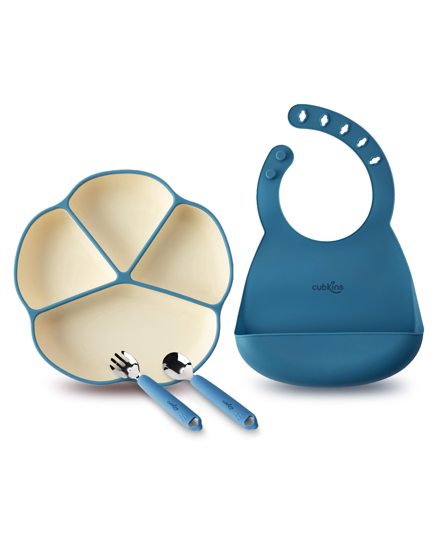 CUBKINS Set of 4 pcs - Plate, Bib, SS Spoon, SS Fork | Designed for Babies, Infants & Toddlers | BPA Free, Food Grade, FDA Approved | Easy to Clean (Blue Olive)-image-36