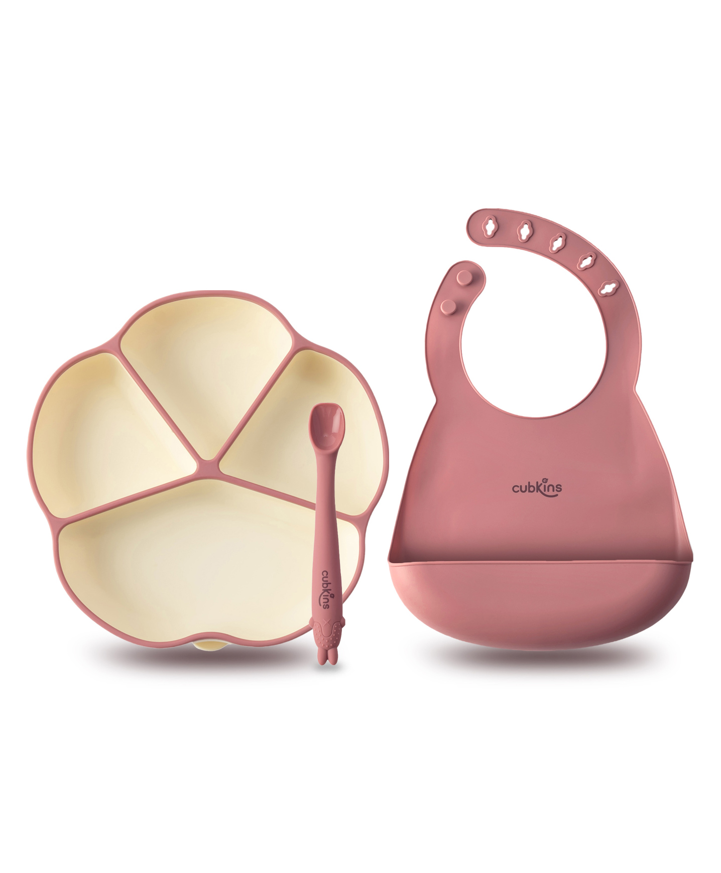 CUBKINS Set of 3 pcs - Bowl, Bib, Early Feeding Bendable Spoon | Designed for Babies, Infants & Toddlers | BPA Free, Food Grade, FDA Approved | 100% Silicone | Easy to Clean (Raspberry)-image-27