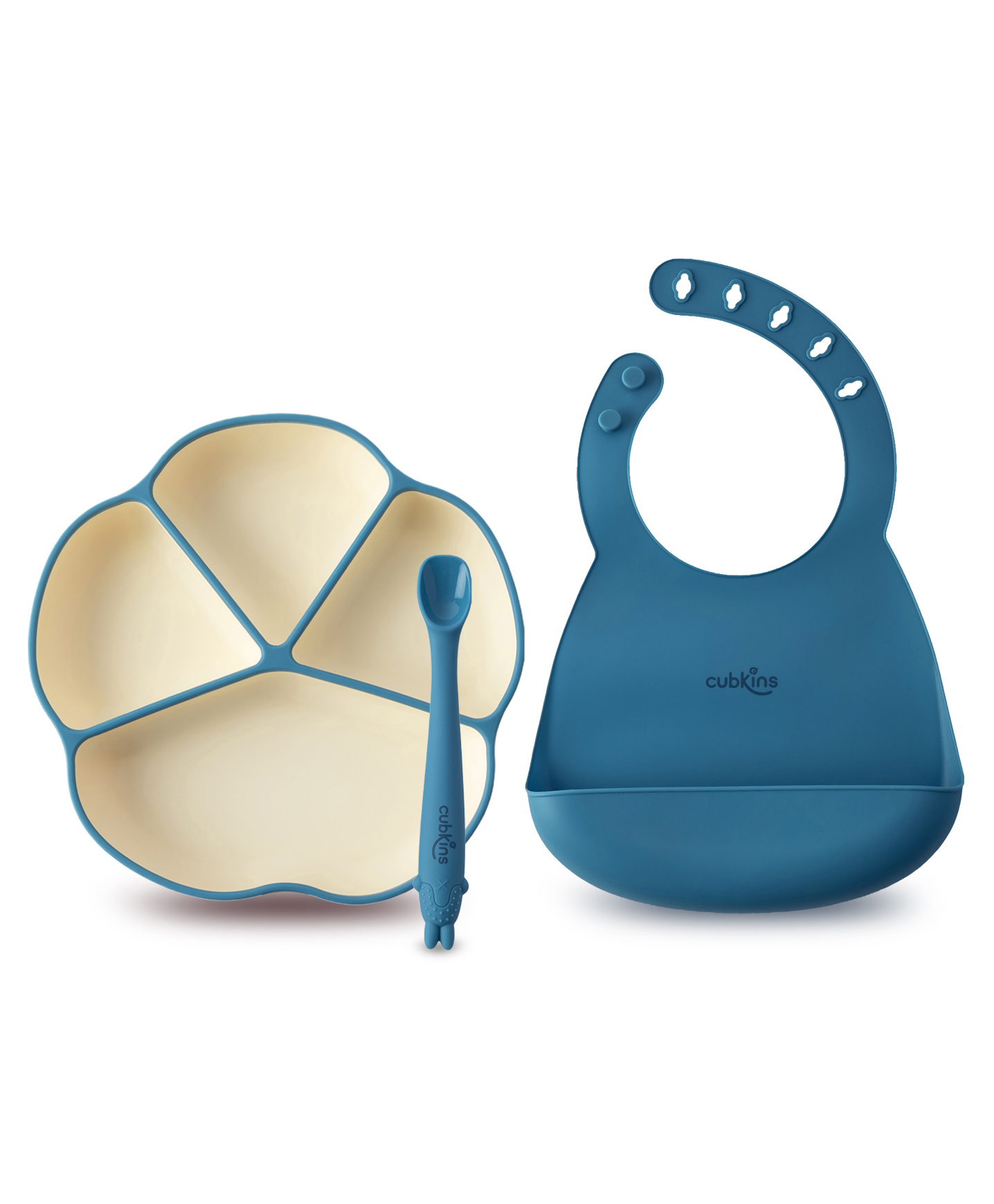 CUBKINS Set of 3 pcs - Bowl, Bib, Early Feeding Bendable Spoon | Designed for Babies, Infants & Toddlers | BPA Free, Food Grade, FDA Approved | 100% Silicone | Easy to Clean (Blue Olive)-image-37