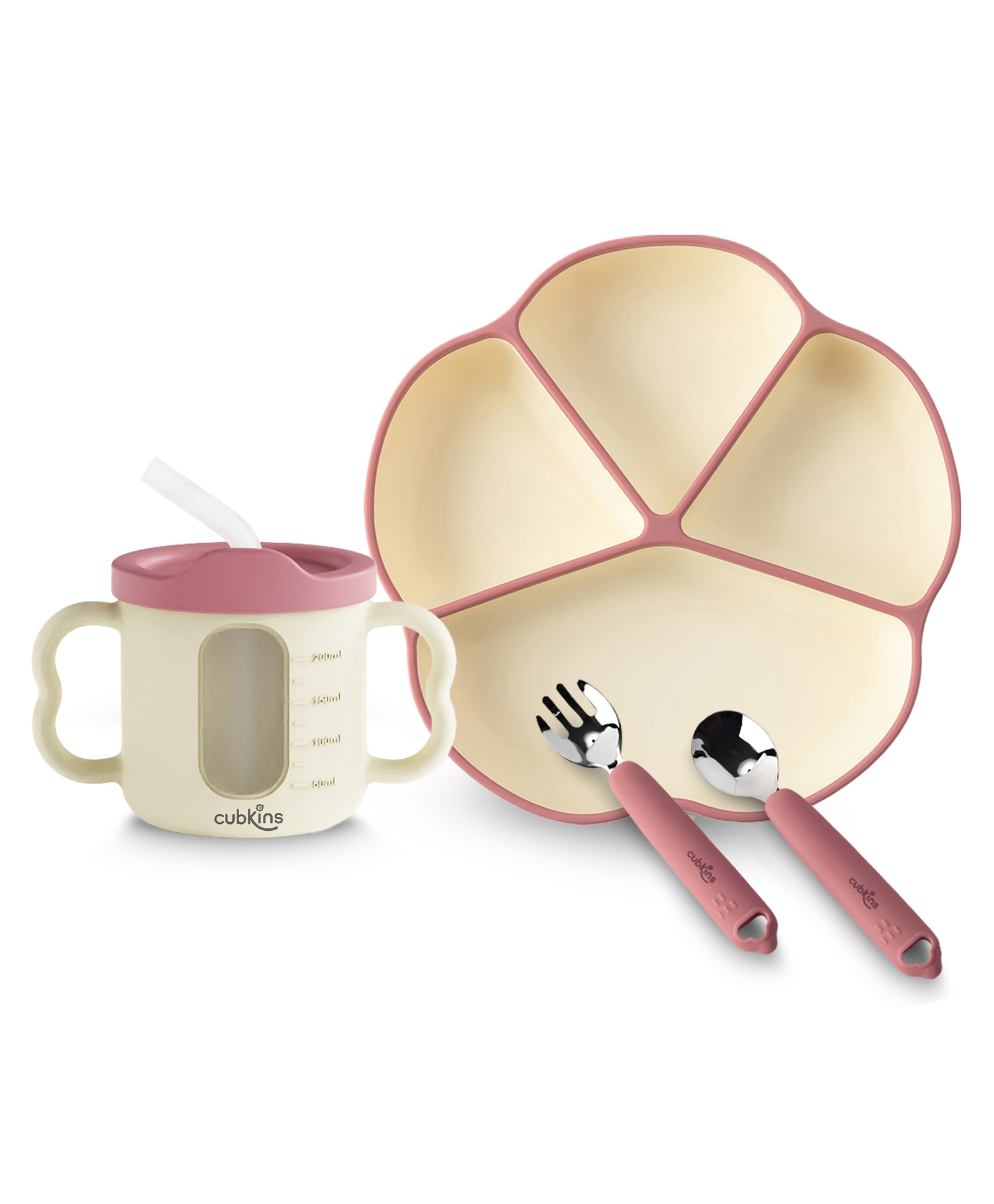 CUBKINS Set of 4 pcs - Plate, Dual Tone Sippy Cup, SS Spoon, SS Fork | Designed for Children | BPA Free, Food Grade, FDA Approved | Easy to Clean (Raspberry)-image-7