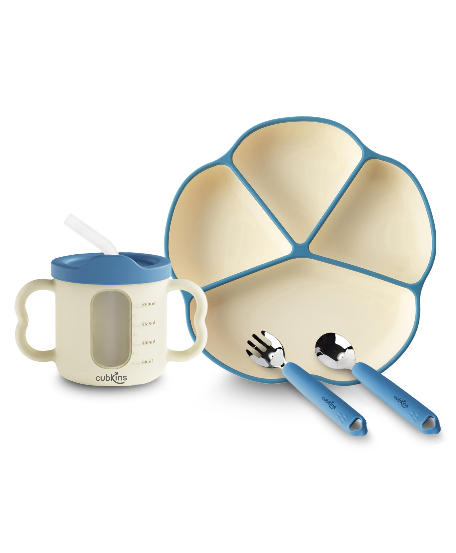 CUBKINS Set of 4 pcs - Plate, Dual Tone Sippy Cup, SS Spoon, SS Fork | Designed for Children | BPA Free, Food Grade, FDA Approved | Easy to Clean (Blue Olive)-image-35