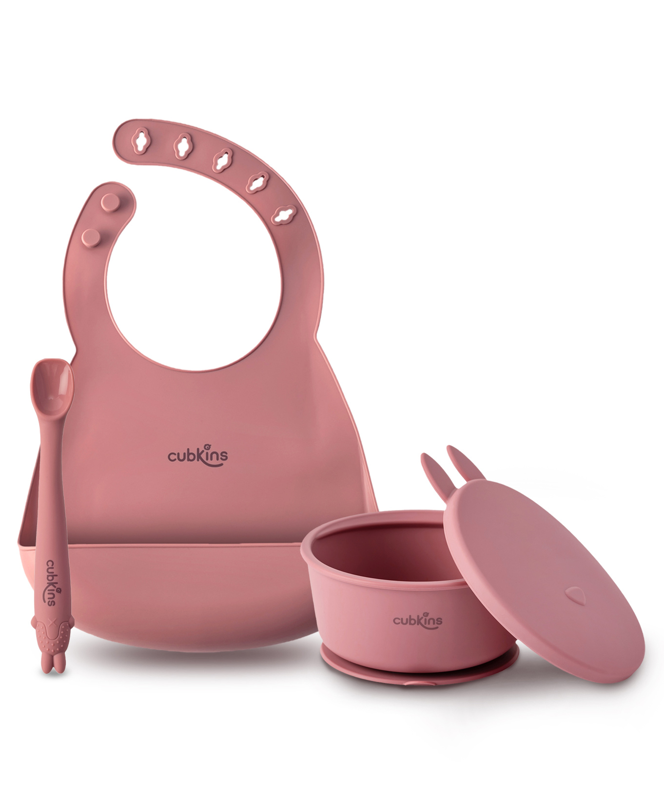 CUBKINS Set of 3 pcs - Bowl, Bib, Early Feeding Bendable Spoon | Designed for Babies, Infants & Toddlers | BPA Free, Food Grade, FDA Approved | 100% Silicone | Easy to Clean (Raspberry)-picture-15
