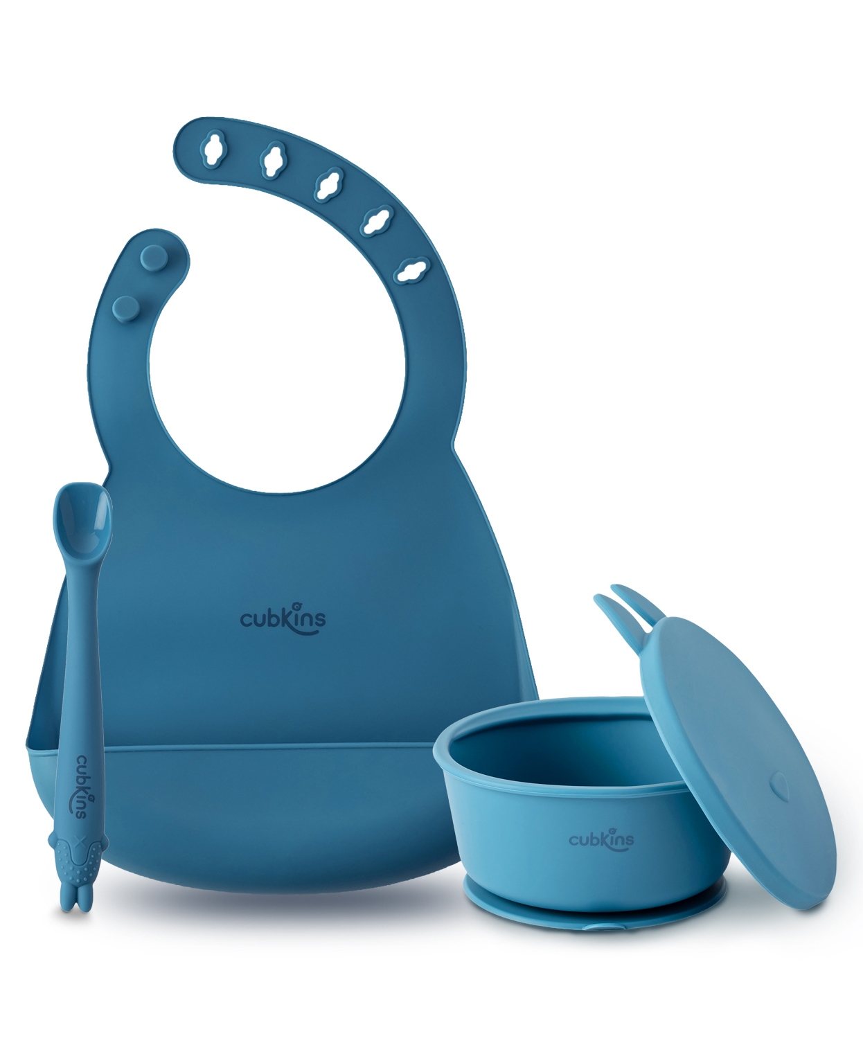 CUBKINS Set of 3 pcs - Bowl, Bib, Early Feeding Bendable Spoon | Designed for Babies, Infants & Toddlers | BPA Free, Food Grade, FDA Approved | 100% Silicone | Easy to Clean (Blue Olive)-image-38