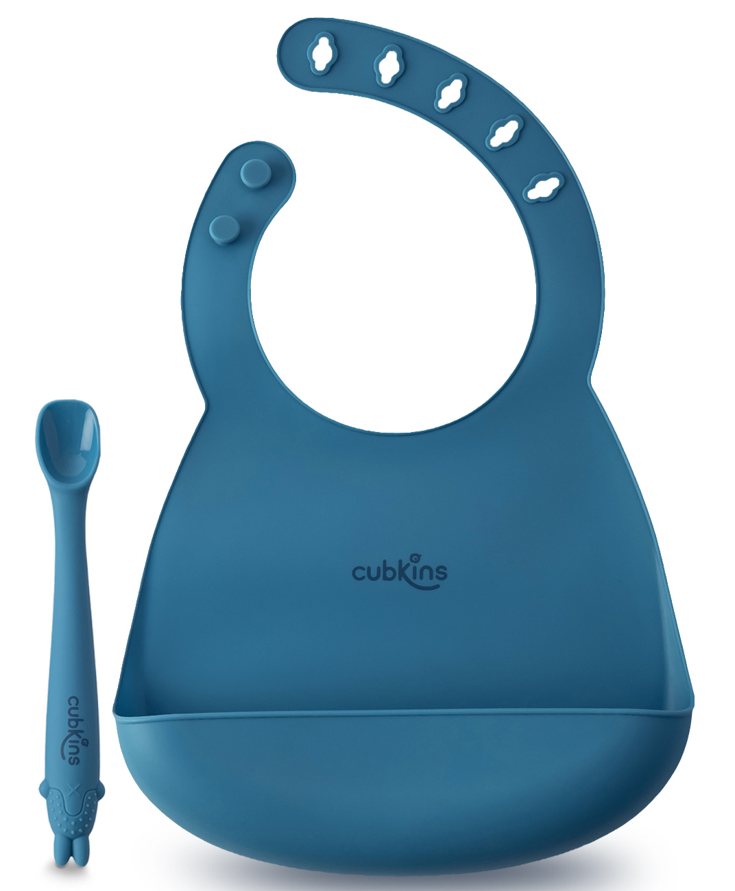 CUBKINS Set of 2 pcs - Bib, Early Feeding Bendable Spoon | Designed for Babies, Infants & Toddlers | BPA Free, Food Grade, FDA Approved | 100% Silicone | Easy to Clean (Blue Olive)-image-33