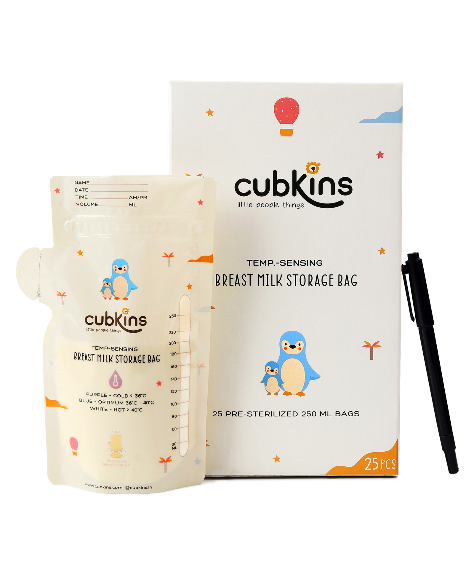 CUBKINS Breast Milk Storage Bags (Pack of 25) | Pre-Sterilized | Smart Temp. Sensor | BPA Free | Single Use | Leak Proof Double Zip | Separate Fill & Pour Spouts | 250 ml Capacity | Marker Included-image-23