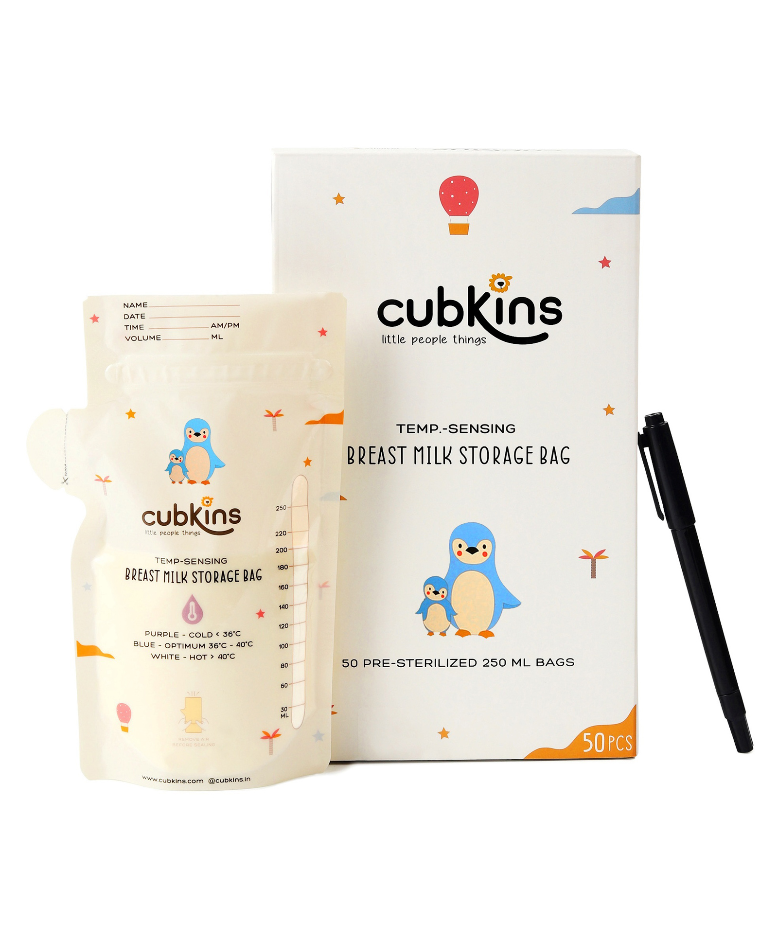 CUBKINS Breast Milk Storage Bags (Pack of 50) | Pre-Sterilized | Smart Temp. Sensor | BPA Free | Single Use | Leak Proof Double Zip | Separate Fill & Pour Spouts | 250 ml Capacity | Marker Included-image-24