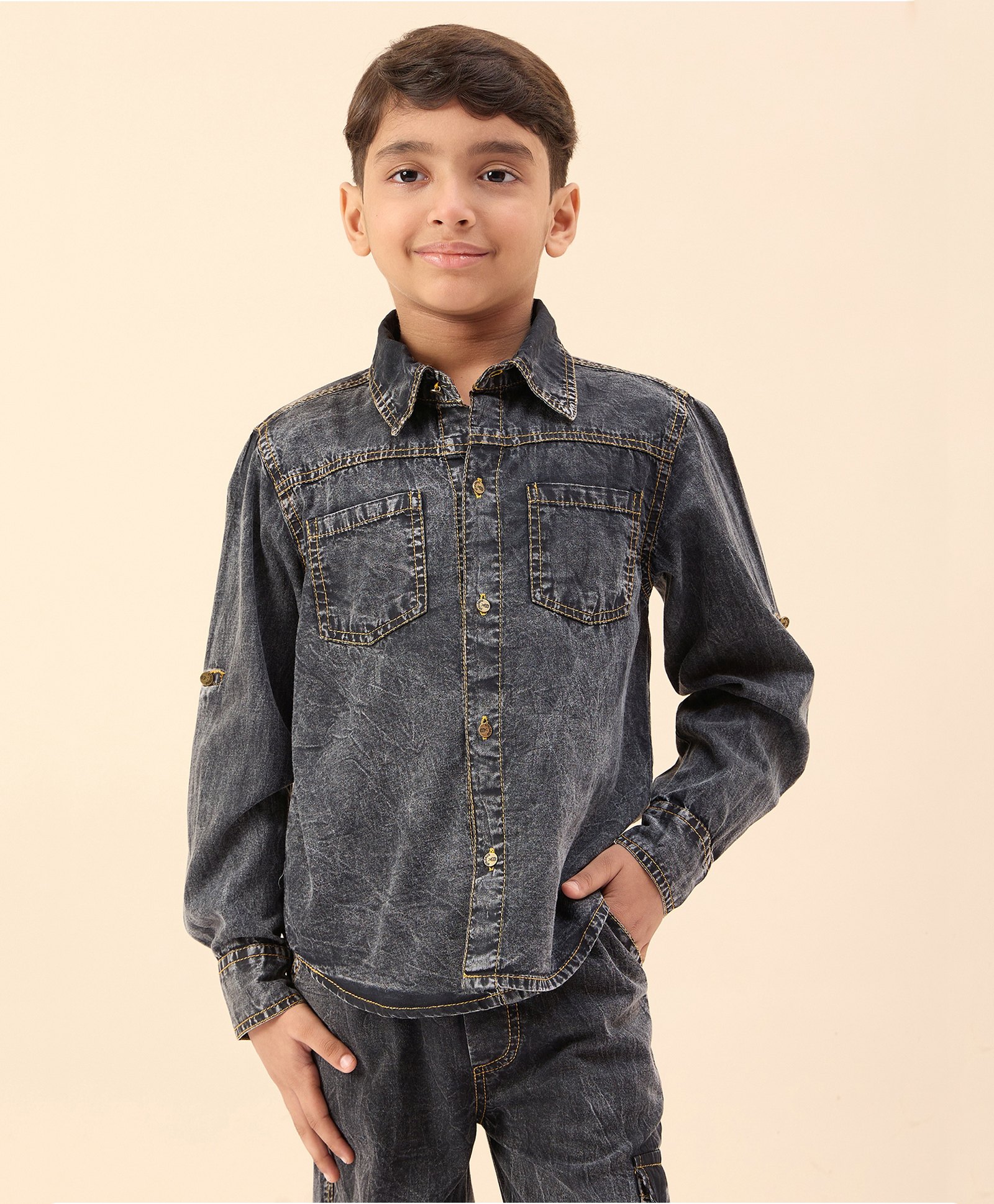 StyloBug Cotton Full Sleeves Mild Washed Shirt - Black-image-31
