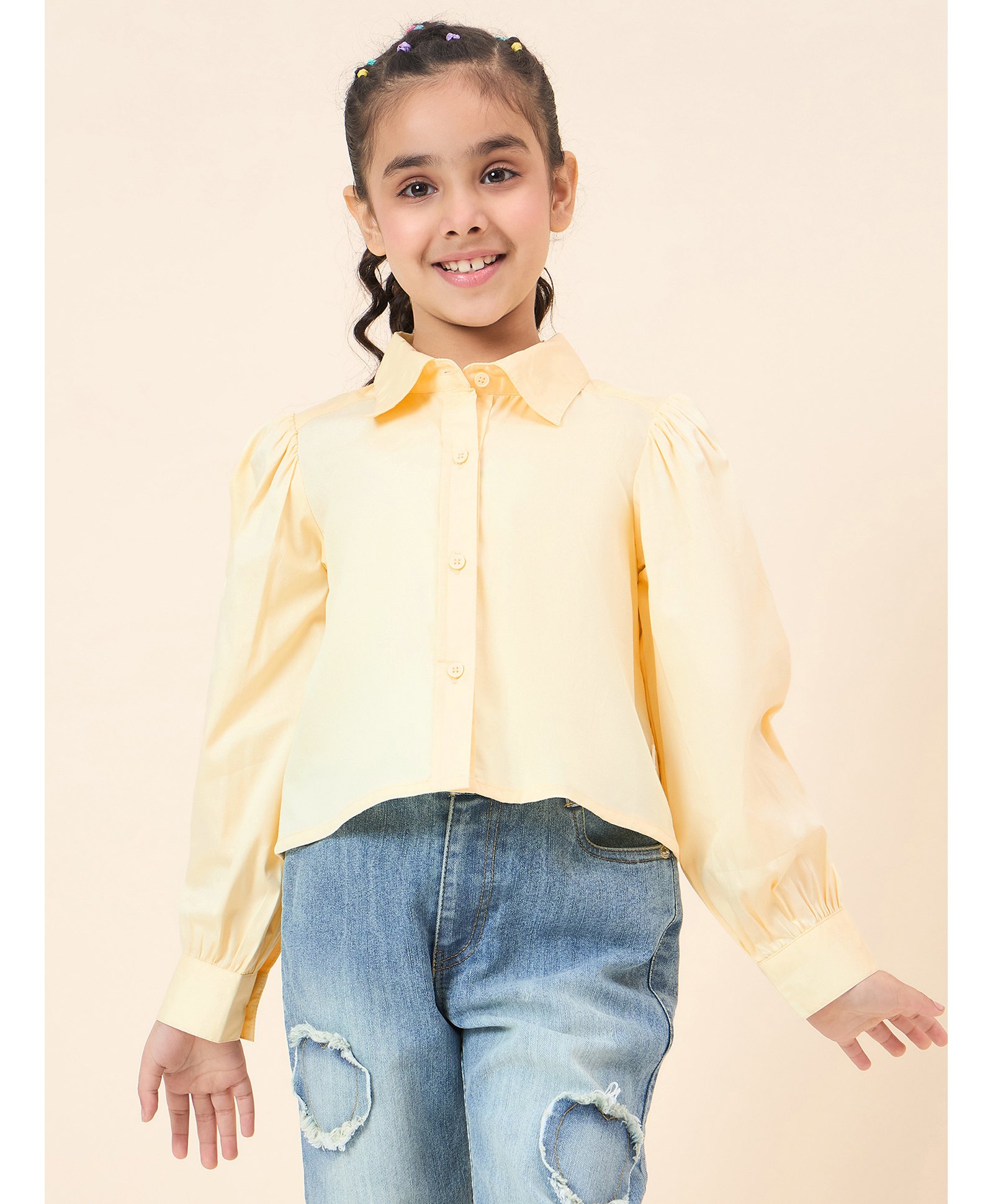 StyloBug Cotton Full Puffed Sleeves Solid Shirt Style Top - Yellow-picture-21